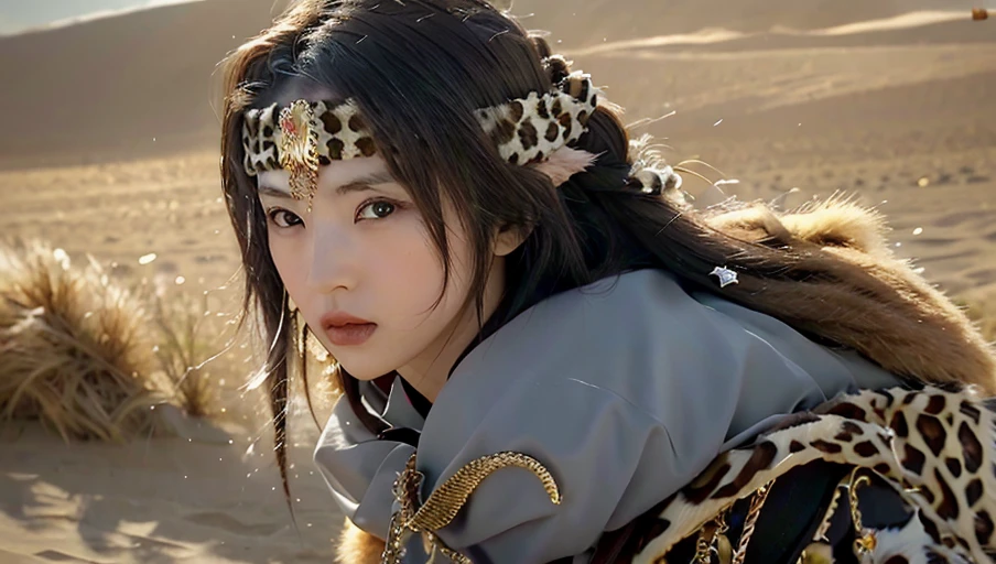 1girl,shangguanyan,nvshenlong,Chinese woman,leopard print headdress,gold pendant,(solo:2),holding weapon,Desert background,Flying sword, (masterpiece:1.2), best quality, highres,extremely detailed CG,perfect lighting,8k wallpaper,photograph, photorealistic,, best quality , masterpiece, illustration, an extremely delicate and beautiful, extremely detailed ,CG,unity,8k wallpaper, Amazing, finely detail, masterpiece, best quality,official art,extremely detailed CG unity 8k wallpaper,absurdres, incredibly absurdres, huge filesize , ultra-detailed, highres, extremely detailed,beautiful detailed girl, extremely detailed eyes and face, beautiful detailed eyes,light on face,