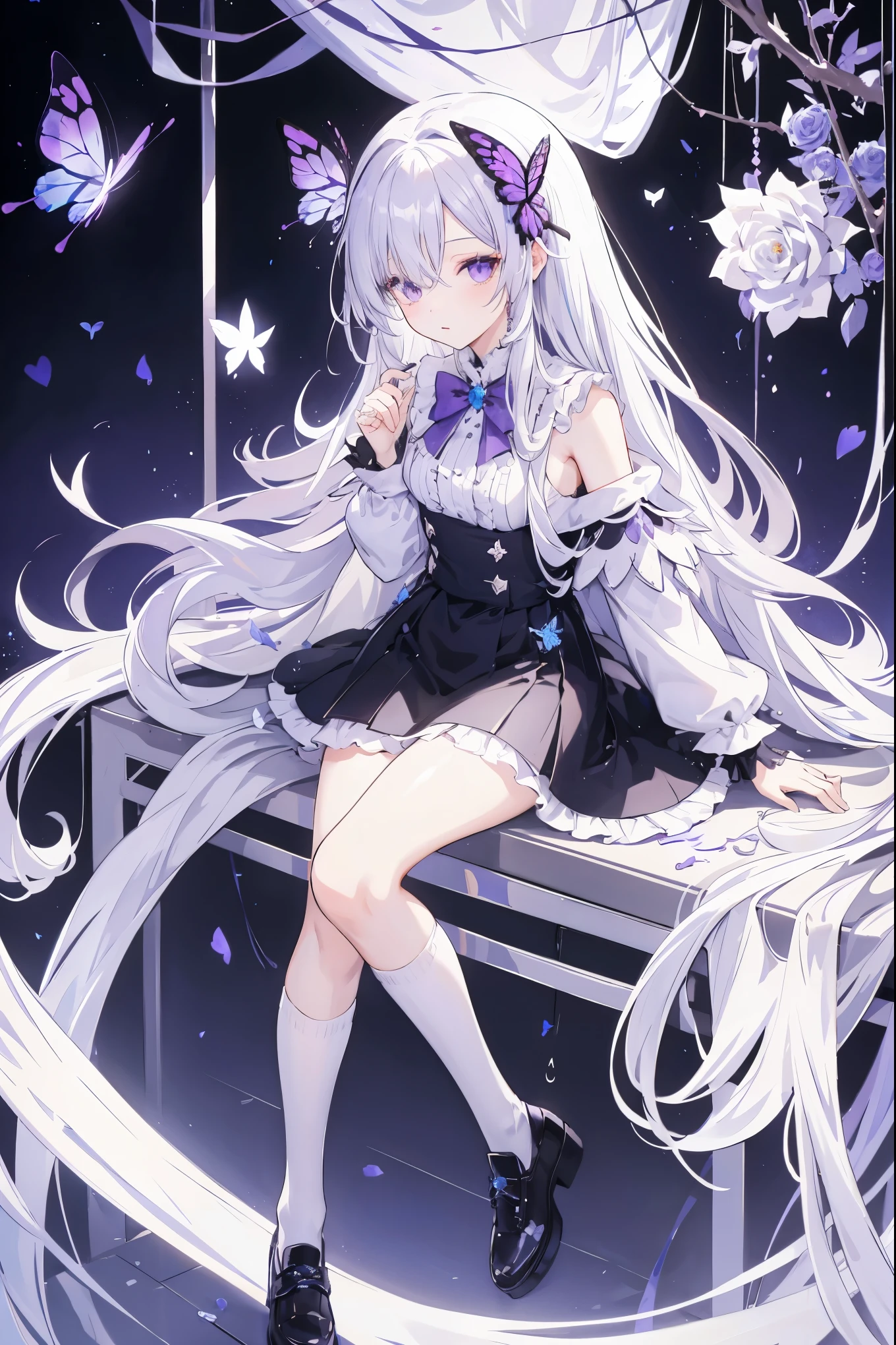 Silver Hair，crystal hair, Butterfly，Long white hair，8k wallpaper，Detailed background，Maximum resolution，Hair covers one eye，Drawstring，Chies，purple Rose，Tight Fit，High socks，stocking