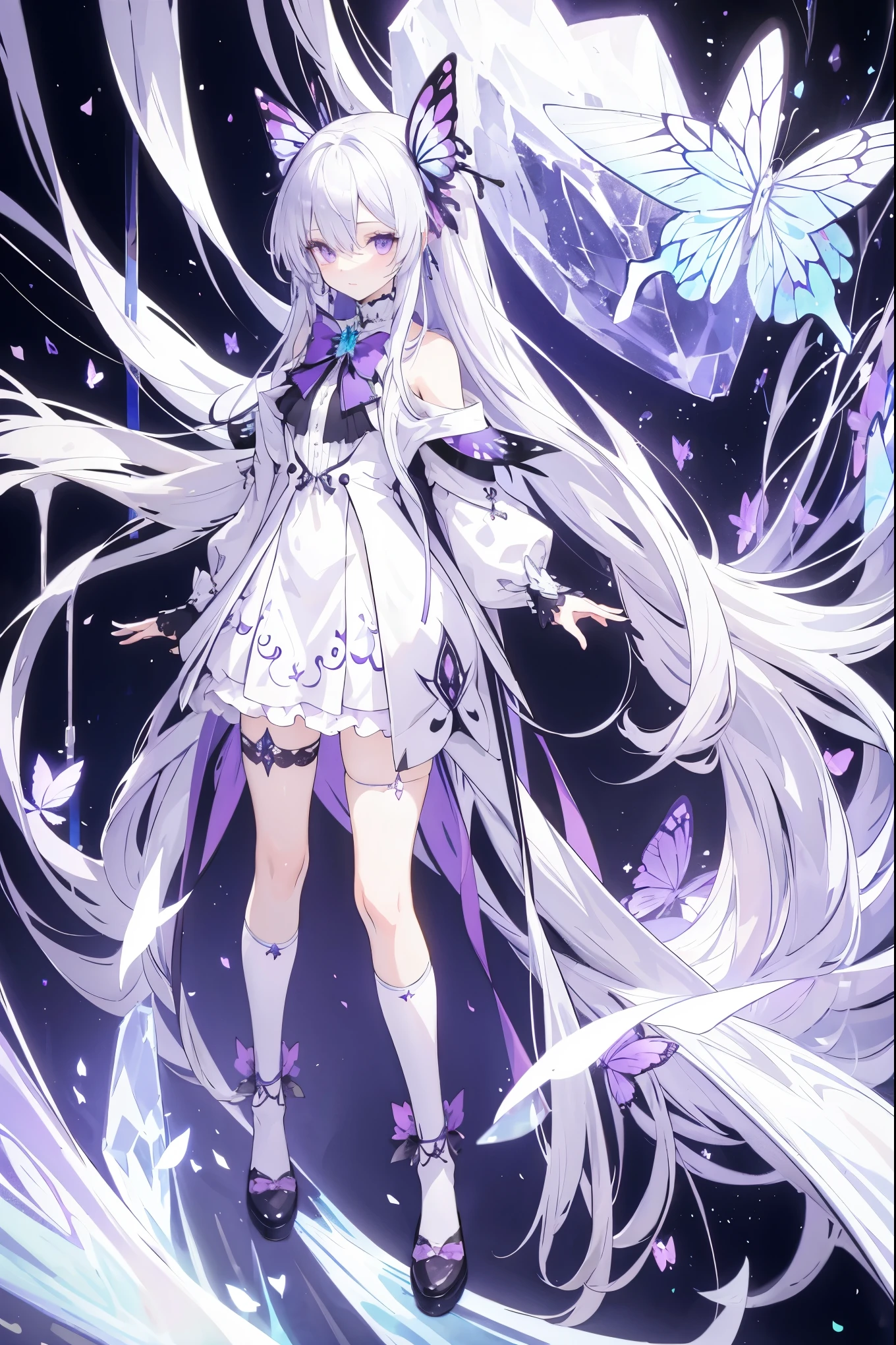 Silver Hair，crystal hair, Butterfly，Long white hair，8k wallpaper，Detailed background，Maximum resolution，Hair covers one eye，Drawstring，Chies，purple Rose，Tight Fit，High socks，stocking