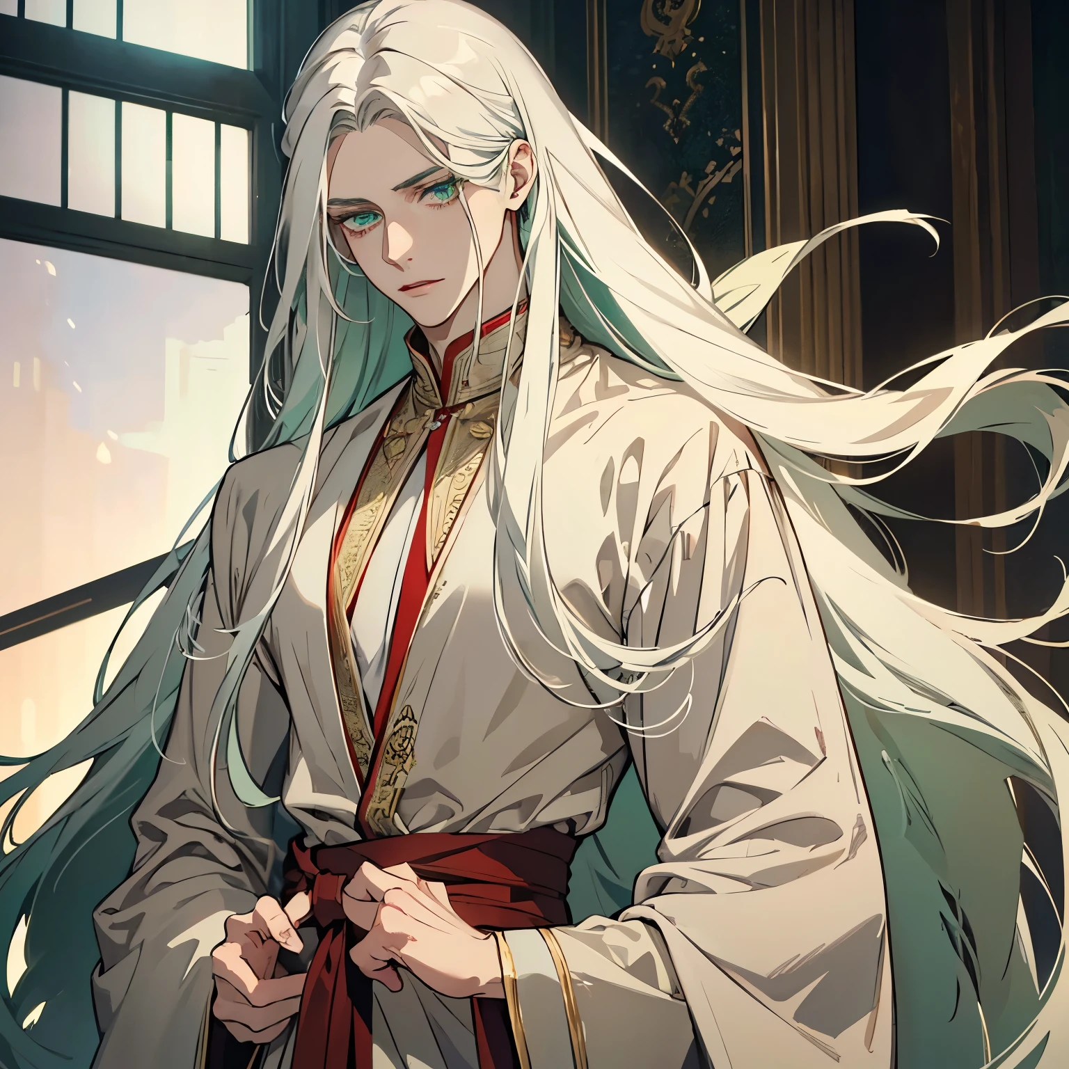 One man, beautiful, long white hair, sage green eyes, long eyelashes, broad shoulders, little waist, tall, light colored colorful robe, natural red lips, elegant, manly, sharp eyes, handsome, alluring 