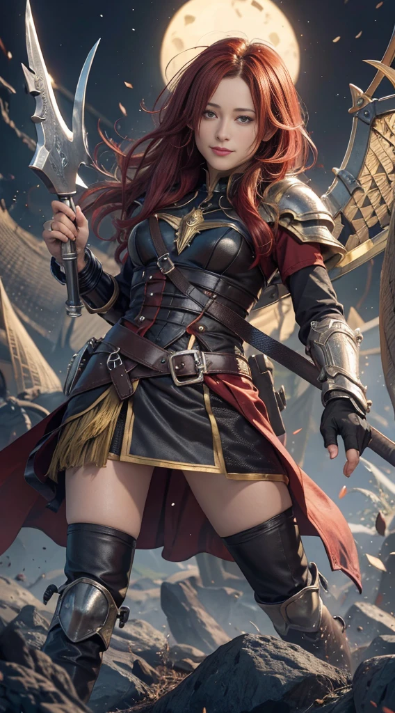 StarkFrieren, 8k, best quality, highres, realistic, real person, A warrior facing a demon lord, more lightly armored this time, with a mischievous, cunning smile. The warrior has short red hair and wields a large, ornately decorated axe. The setting is a fantasy battleground. The warrior's pose is more relaxed and sly, reflecting their crafty personality. The background includes magical effects and a dark, ominous atmosphere, emphasizing the ongoing battle.