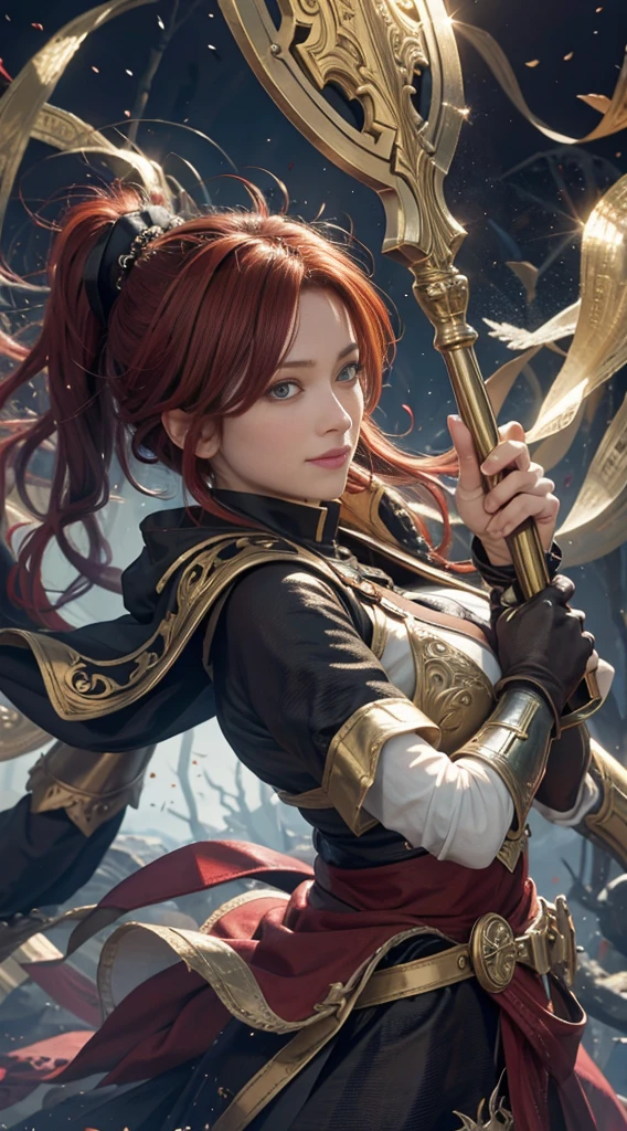 StarkFrieren, 8k, best quality, highres, realistic, real person, A warrior facing a demon lord, more lightly armored this time, with a mischievous, cunning smile. The warrior has short red hair and wields a large, ornately decorated axe. The setting is a fantasy battleground. The warrior's pose is more relaxed and sly, reflecting their crafty personality. The background includes magical effects and a dark, ominous atmosphere, emphasizing the ongoing battle.