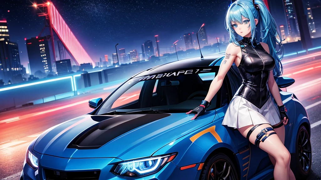 Anime girl high quality, blue hair and blue eyes, and back a muscle car, aeshetic neon night city, high resolution 