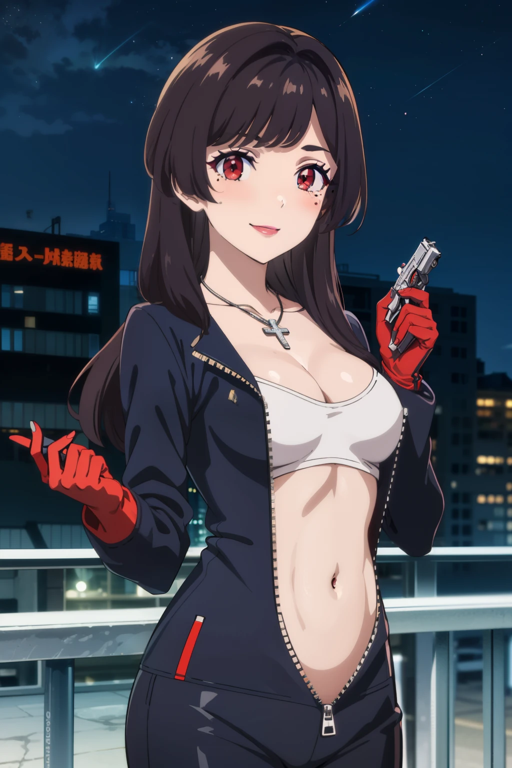 mariakurose, maria kurose, long hair, black hair, (red eyes:1.3), mole, mole under eye,
masterpiece, best quality, highly detailed, cross necklace, bodysuit, unzip zipper, navel cutout, exposed navel, exposed bellybutton, , cleavage, long sleeves, black gloves, smile, ,, holding a gun, handgun, pistol, , outdoors, rooftop, cityscape, building, railing, night, night sky, scenery, moon, city lights, blush, lipstick