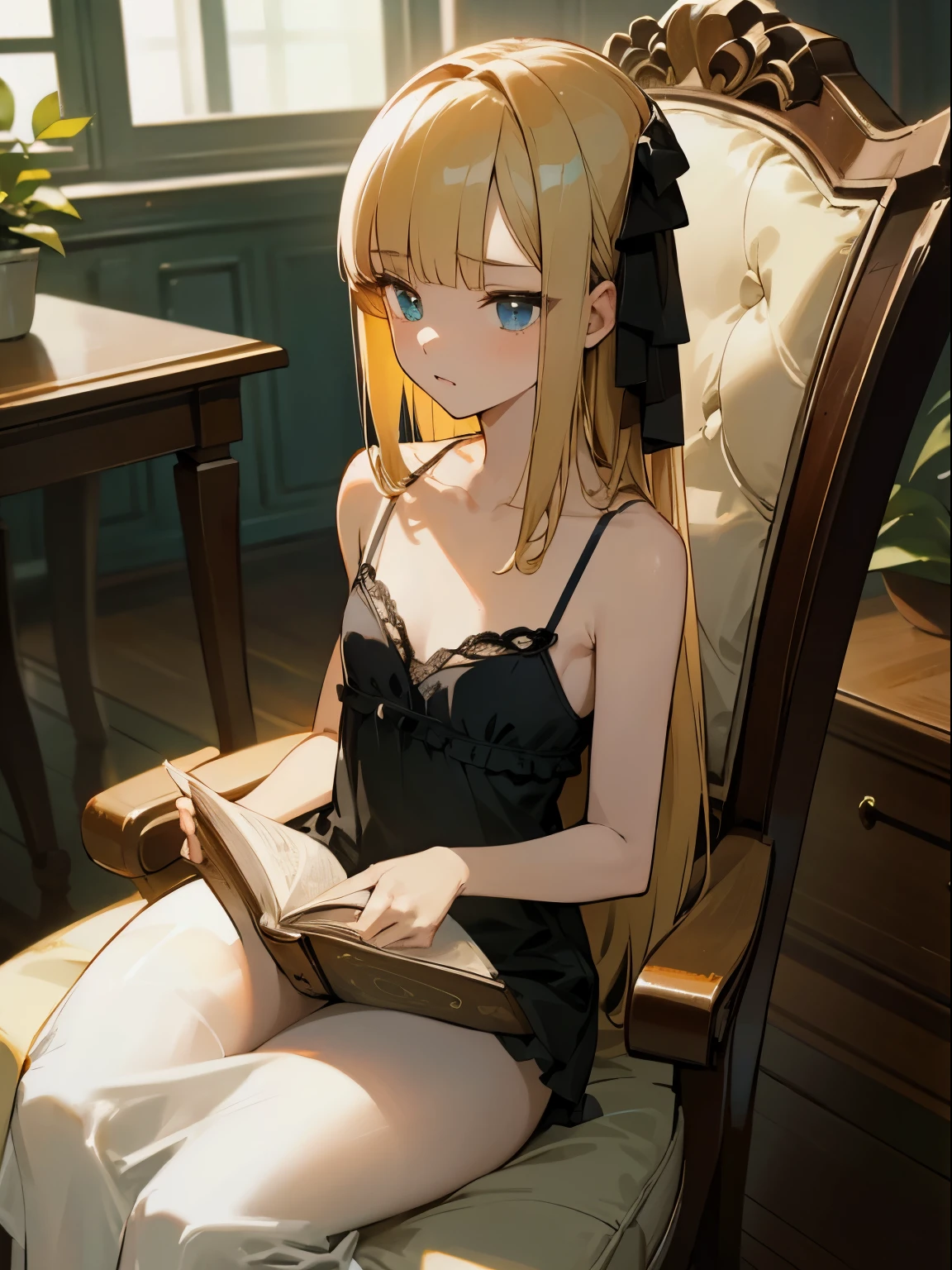 Reines, 1girl, high quality, best quality, illustration, masterpiece, (highly detailed:1.2), (extremely detailed:1.3), flat chest, camisole, bare shoulders, young girl, mini skirt, braid, (children:1.2), slender thighs, , in a house, sitting on chair, smiling, studying, desk,