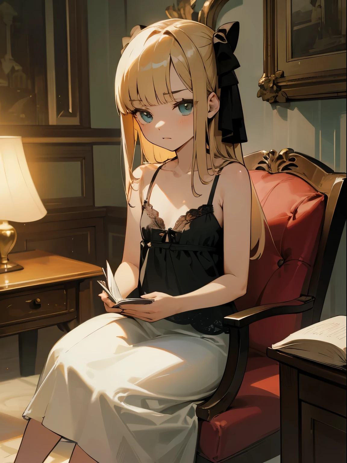 Reines, 1girl, high quality, best quality, illustration, masterpiece, (highly detailed:1.2), (extremely detailed:1.3), camisole, lingerie, bare shoulders, transparent, young girl, string ribbon, , , sitting on chair, in a house, flat chest, (children:1.2), children reading a book