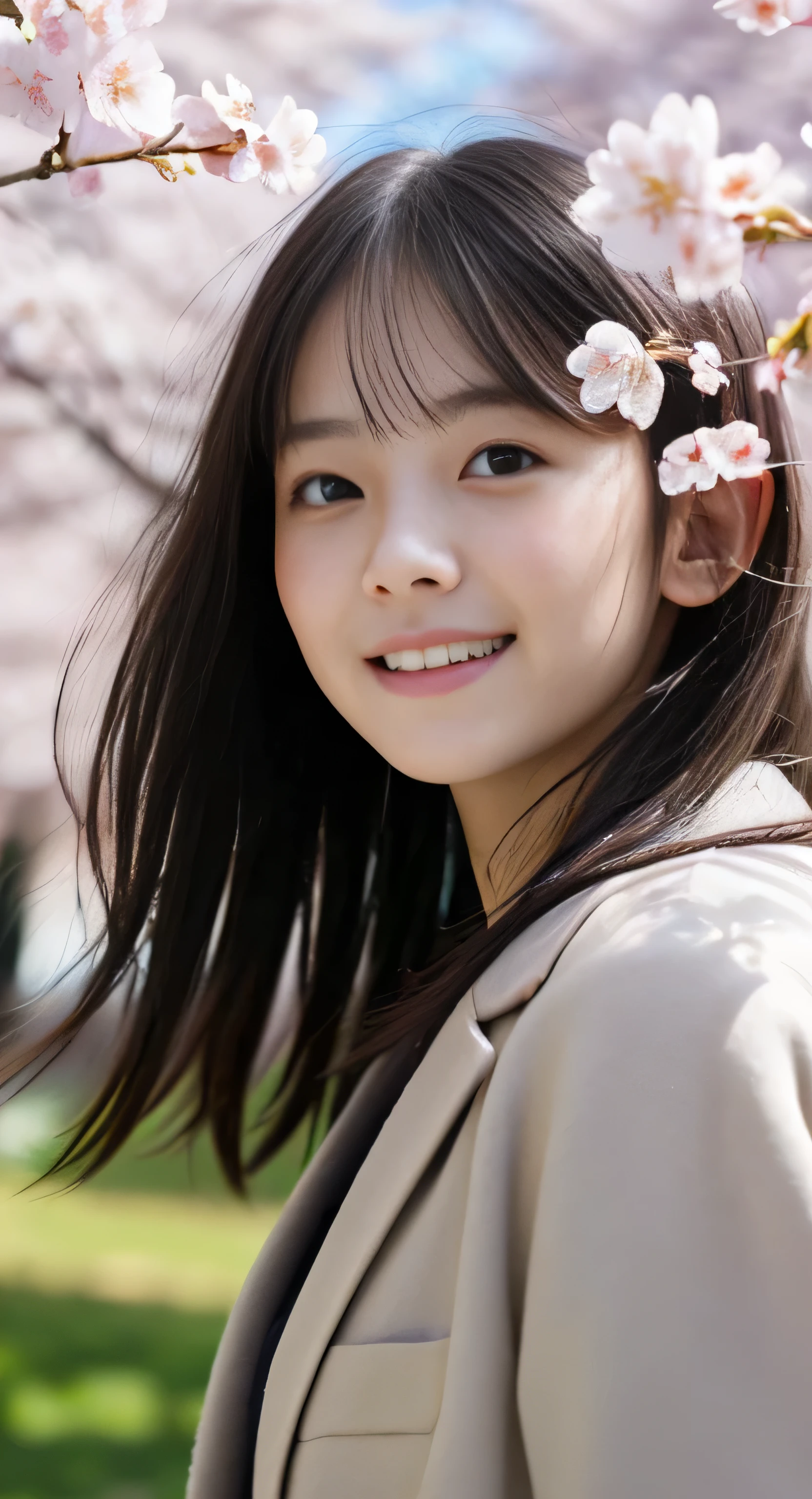 (slender small breasts and long hair,,,,,,,、Close up portrait of one girl with dull bangs in spring coat and shirt :1.5)、(Low angle shot of a girl dancing happily、the hair flutters with the wind :1.5)、(Rows of cherry blossom trees in full bloom and cherry blossom petals dancing in the wind:1.5)、(Perfect Anatomy:1.3)、(No mask:1.3)、(complete fingers:1.Phototriaritic、Photography、masutepiece、top-quality、High resolution, delicate and pretty、face perfect、Delicate and beautiful air skin around the eyes、Real Human Skin、pores、((thin legs))、(Dark hair)