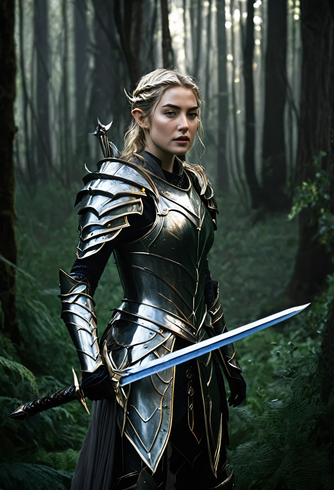 blond woman in armor holding a sword in a dark forest, portrait of an elven warrior, elven warrior princess, of an elden ring elf, elf warrior, epic elven warrior, cinematic backlighting, imogen poots as a paladin, beautiful cinematic lighting, imogen poots as a d&d paladin, with cinematic lighting