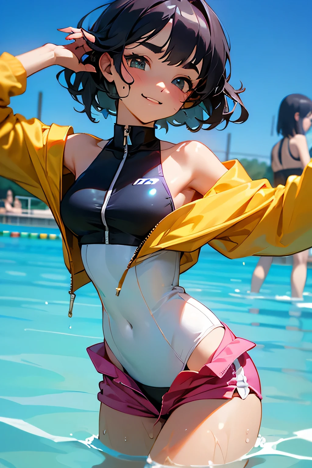 highest quality、High resolution、Detailed Background、(Beautiful face in every detail:1.4)、Anatomically correct、(Draw the usual number of fingers:1.2)、(Detailed facial expressions)、(Detailed eyes:1.2)、(Detailed eyes:1.2)、Beautiful, smooth skin、Teenage beauty、(Highly detailed face:1.4)、cute hair color、Bobcut、braided long、Wavy Hairstyle、Cute hairstyle、well-groomed eyebrows、Perfect body line、Water Park、In a joking manner、My whole body is wet、My hair is wet too、Cowboy Shot、
(Two beautiful girls swimming with big smiles:1.5)、
The high-neck bikini top is stylish yet provides ample coverage.、The zipper and lace-up on the chest are accents、
A bikini top and bottom are both fully covered, minimizing the amount of skin exposed.、Sports bra-like designs are especially popular.、
Boyshorts are a comfortable option for exercising while still keeping your bottoms covered.、
The tankini is a long top that covers the stomach area and has a cute design.、
Rash guards cover the entire body, minimizing skin exposure while also providing UV protection.、
Pairing it with high-waisted shorts will accentuate your beautiful waistline while still providing a sense of security.、
A long-sleeved one-piece swimsuit gives you a stylish look while still covering your arms and back.、It beautifully accentuates your body line while also providing effective protection from the sun.、
The Water Park has a large pool and water slides.、It is an entertainment facility with a wave pool and other facilities.、It is popular as a summer leisure activity, with plenty of slides and pool attractions.、cute