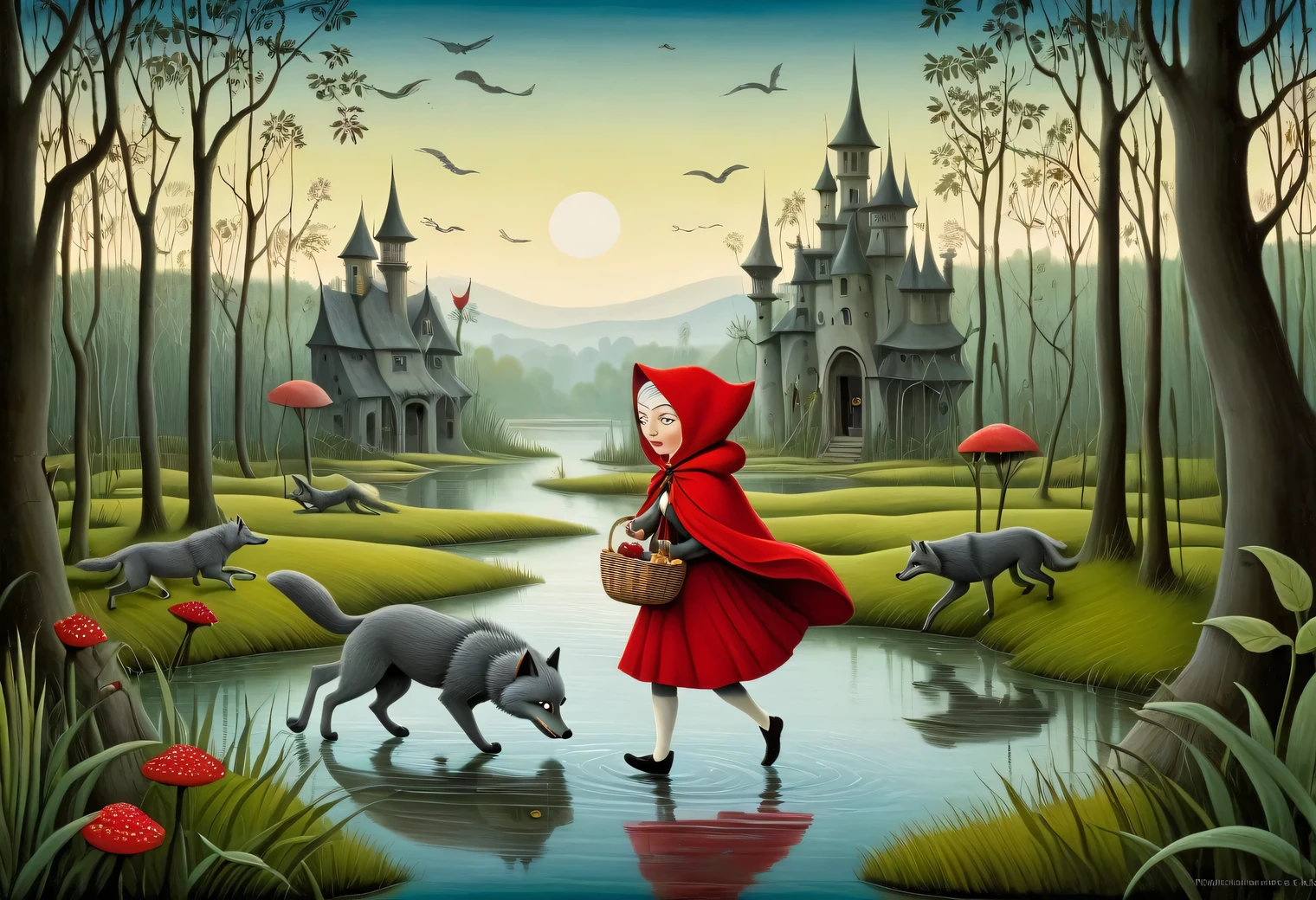 Imagine a delightful, fairy-tale-like swamp painted with a touch of whimsy. Features Little Red Riding Hood and a friendly gray wolf, both portrayed in a playful and cartoonish style, reminiscent of Tim Burton's creative works. They are energetically running away from an amusingly depicted old woman who is humorously trudging through the swamp waters in the background. This scene is crafted in a surreal and detailed manner, inspired by the dreamy landscapes of early 20th-century artists and contains elements that bring to mind the enchanting visuals characteristic of Henri Julien Félix Rousseau. The artwork conveys a light-hearted and comical chase, creating a visually engaging and narrative-rich painting