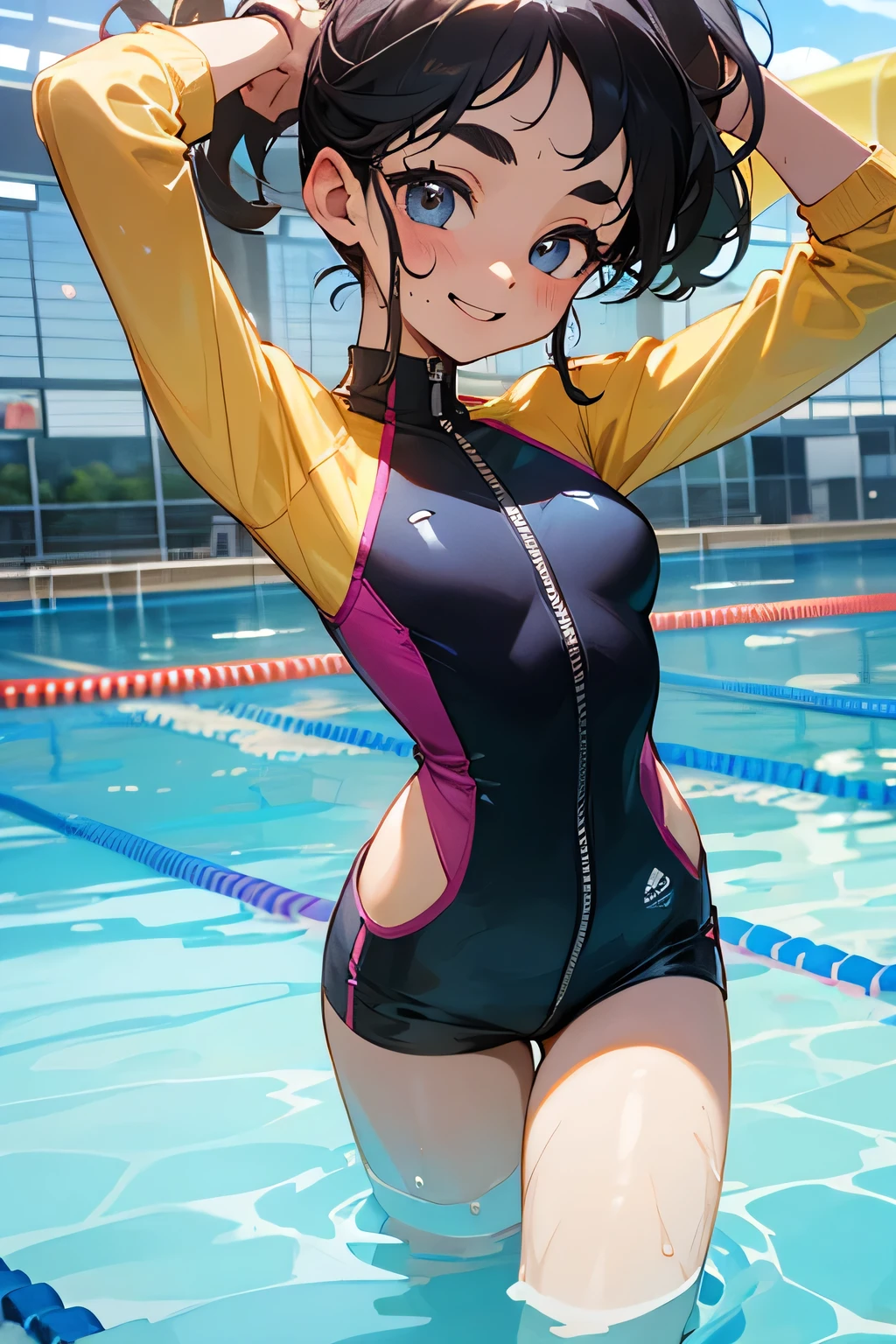 highest quality、High resolution、Detailed Background、(Beautiful face in every detail:1.4)、Anatomically correct、(Draw the usual number of fingers:1.2)、(Detailed facial expressions)、(Detailed eyes:1.2)、(Detailed eyes:1.2)、Beautiful, smooth skin、age beauty、(Highly detailed face:1.4)、cute hair color、Bobcut、braided long、Wavy Hairstyle、Cute hairstyle、well-groomed eyebrows、Perfect body line、Water Park、In a joking manner、My whole body is wet、My hair is wet too、Cowboy Shot、
(Two beautiful girls swimming with big smiles:1.5)、
The high-neck bikini top is stylish yet provides ample coverage.、The zipper and lace-up on the chest are accents、
A bikini top and bottom are both fully covered, minimizing the amount of skin exposed.、Sports bra-like designs are especially popular.、
Boyshorts are a comfortable option for exercising while still keeping your bottoms covered.、
The tankini is a long top that covers the stomach area and has a cute design.、
Rash guards cover the entire body, minimizing skin exposure while also providing UV protection.、
Pairing it with high-waisted shorts will accentuate your beautiful waistline while still providing a sense of security.、
A long-sleeved one-piece swimsuit gives you a stylish look while still covering your arms and back.、It beautifully accentuates your body line while also providing effective protection from the sun.、
The Water Park has a large pool and water slides.、It is an entertainment facility with a wave pool and other facilities.、It is popular as a summer leisure activity, with plenty of slides and pool attractions.、cute
