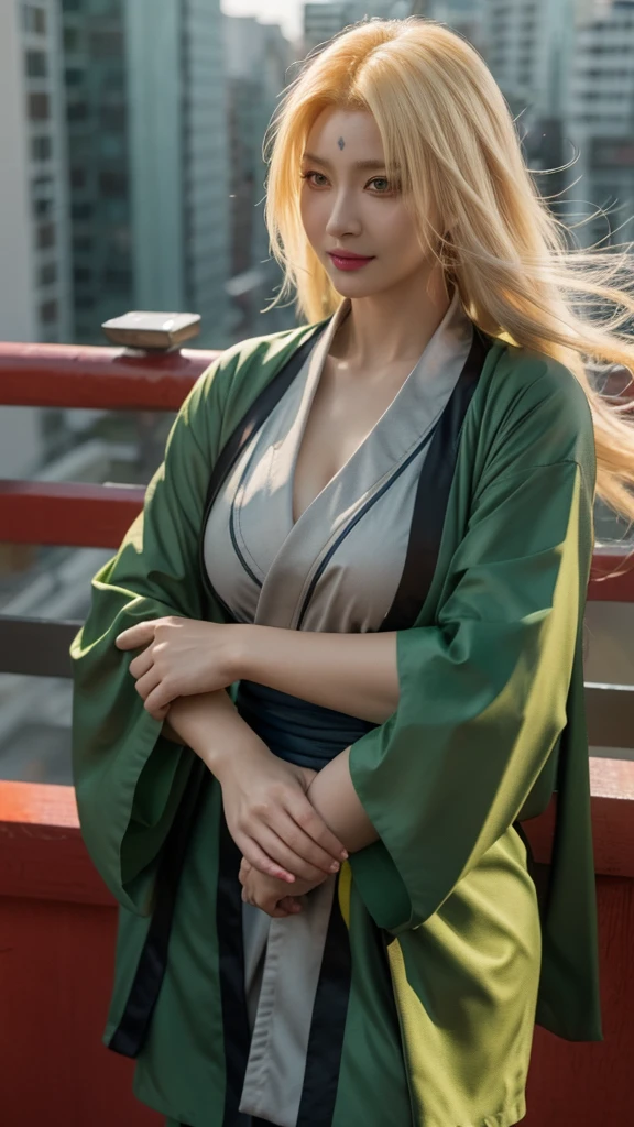 a close up of a person with long hair and a green kimono, tsunade senju, tsunade senju from anime naruto, as an anime character, perfect anime face, she has yellow hair with bangs, female anime character, anime character, anime best girl, hime cut hairstyle, yellow hair, (red glossy lips:1.3), yellow eyes, smile, city background, (beautiful face:1.3),  naked portrait, nude photography,  worn out clothes,  battle damage, blood, shiny nipple 