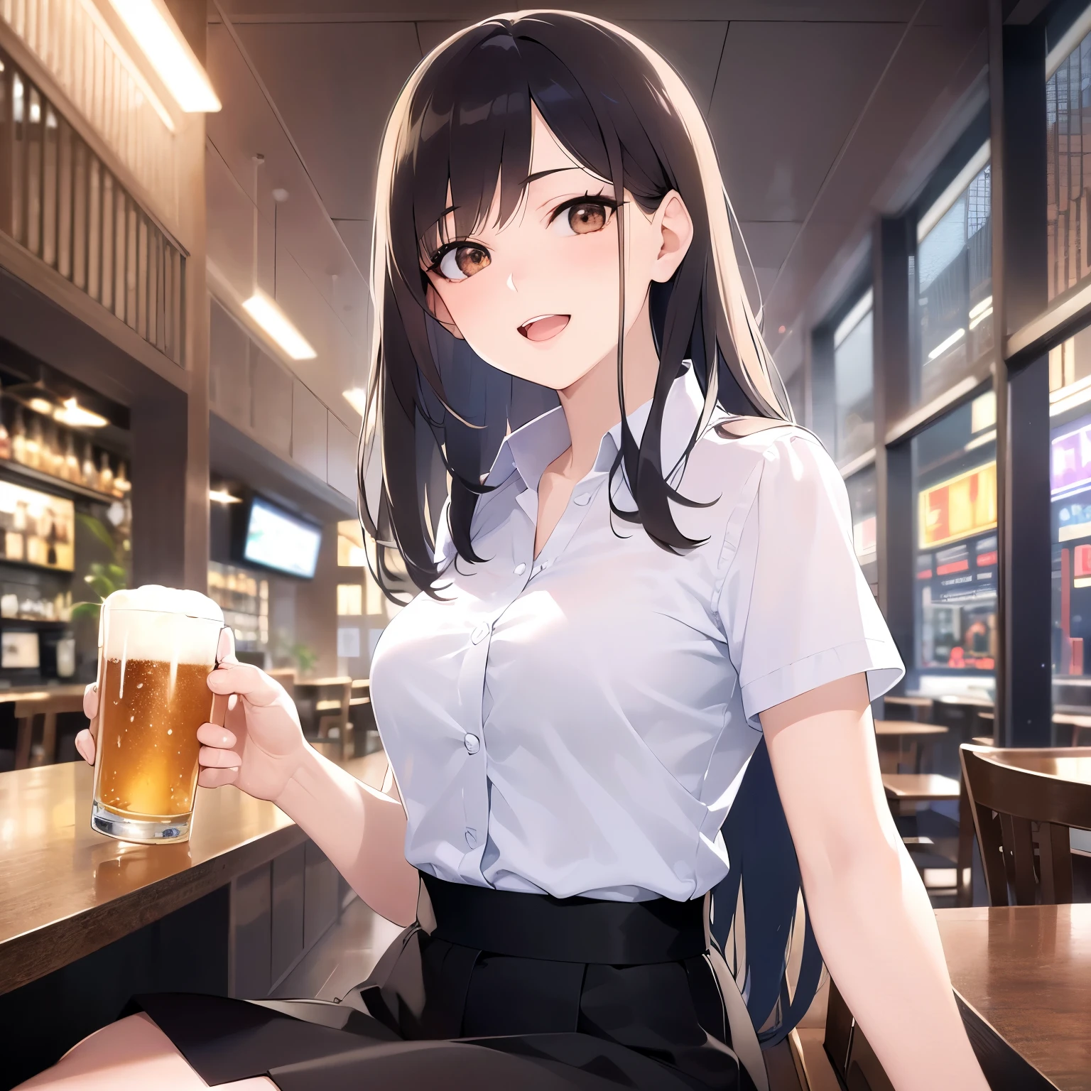 holding a beer, Upper Body, Realistic, real person, (pale skin: 1.2), RAW photo, photorealistic, portrait photography, shiny skin, shiny hair、(A 25-year-old woman with medium-length hair and bangs) and (wavy hair) and (brown hair) and (orange eyes) , (business suit) and (White shirt)、grin, open mouth, The background is the interior of a restaurant at night.、Alone、Sitting