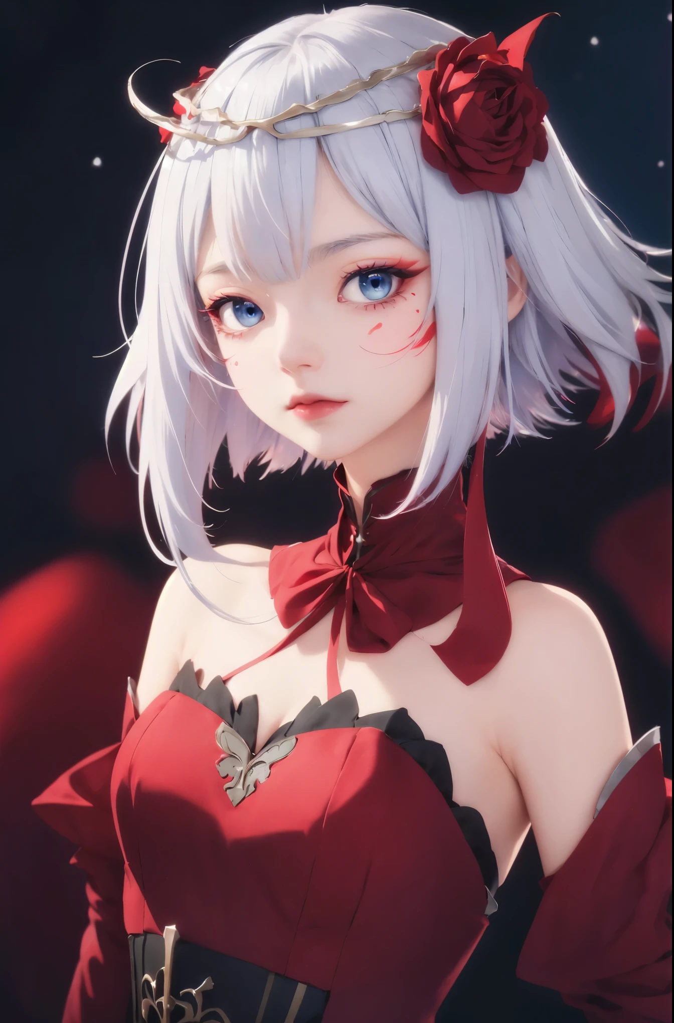 destiny, small breasts , medium hair, silver hair,( blue eyes:1.1), serene expression, standing, upper body, outdoors, red dress, (close-up:1.4), face, eyeliner, (high resolution illustration), anime girl, (high quality), 1girl, 4k, detailed background, face marks,