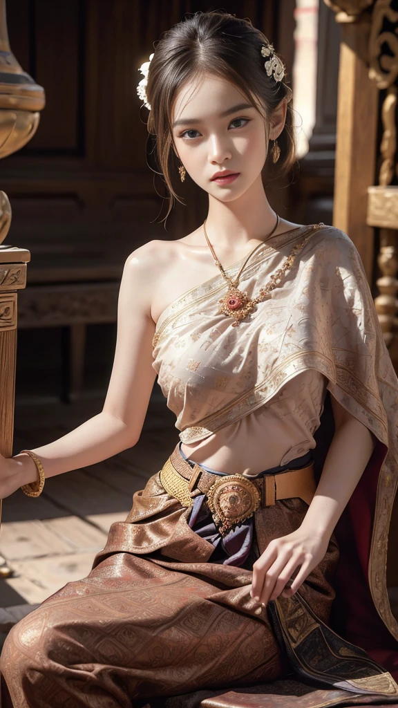(raw photos:1.2), (realistic:1.4), (Masterpiece:1.3), (best quality:1.4), Ultra high resolution, (Detailed eyes), (Detailed facial features), (Detailed clothing features), HDR, 8K resolution, Focus only, Dressing according to Thai tradition, Strapless, Thai female warrior, 1 woman , big breasts, A gigantic rift, big breastsดันเสื้อผ้า, big breast, The breasts are fully grown.., Make your breasts bigger.., small waist, Long legs, Facing the audience, Full body, depth of field, Cinema-grade lighting system, big breasts,  Your breasts are too big for your body., Revealing a flat stomach, The lower half of the chest can be seen.., sexy sitting position, Sitting on a palanquin, Image from a very low angle, holding an ancient sword