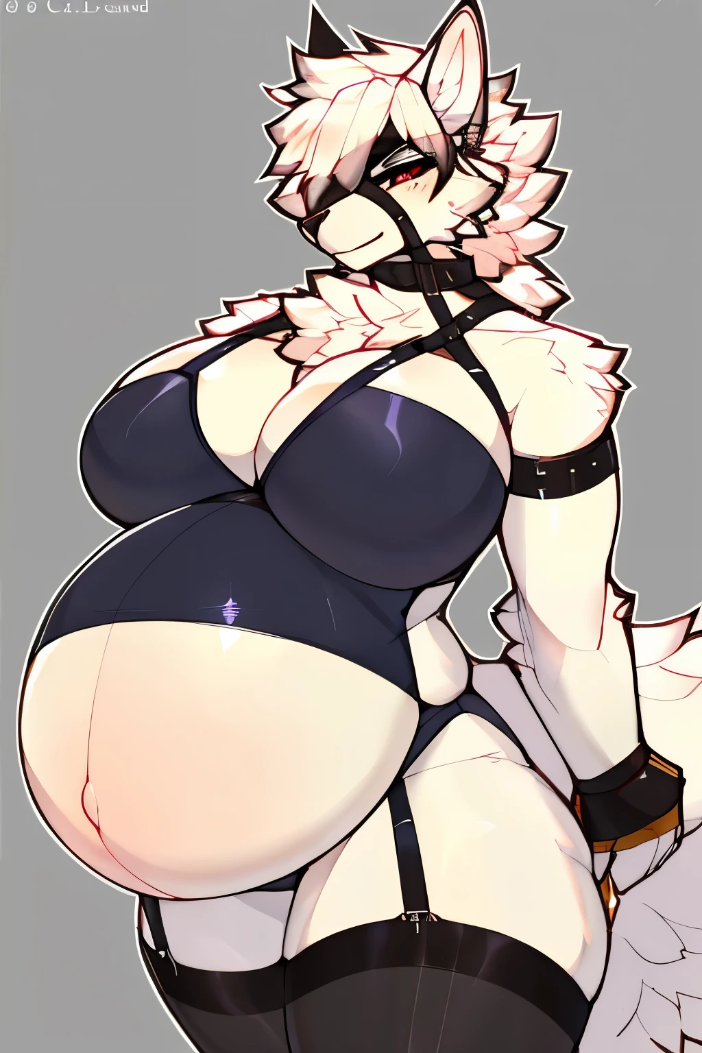 ((8k, 4k, Detailed:1, High quality:1, masterpiece:1, perfect anatomy:1, sfw version)), text, furry, female, mature female, ((by claweddrip)), Von Lycaon, (Zenless Zone Zero), white wolf, sexy body, big breasts, thick thighs, cute face, ruby eyes, black sclera, eye patch, harness, legwear, body movement, pregnant, seductive look, front view