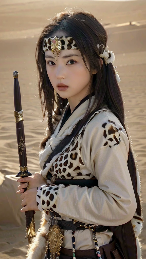 1girl,shangguanyan,nvshenlong,Chinese woman,leopard print headdress,gold pendant,(solo:2),holding weapon,Desert background,Flying sword, (masterpiece:1.2), best quality, highres,extremely detailed CG,perfect lighting,8k wallpaper,photograph, photorealistic,, best quality , masterpiece, illustration, an extremely delicate and beautiful, extremely detailed ,CG,unity,8k wallpaper, Amazing, finely detail, masterpiece, best quality,official art,extremely detailed CG unity 8k wallpaper,absurdres, incredibly absurdres, huge filesize , ultra-detailed, highres, extremely detailed,beautiful detailed girl, extremely detailed eyes and face, beautiful detailed eyes,light on face,