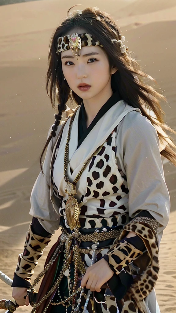 1girl,shangguanyan,nvshenlong,Chinese woman,leopard print headdress,gold pendant,(solo:2),holding weapon,Desert background,Flying sword, (masterpiece:1.2), best quality, highres,extremely detailed CG,perfect lighting,8k wallpaper,photograph, photorealistic,, best quality , masterpiece, illustration, an extremely delicate and beautiful, extremely detailed ,CG,unity,8k wallpaper, Amazing, finely detail, masterpiece, best quality,official art,extremely detailed CG unity 8k wallpaper,absurdres, incredibly absurdres, huge filesize , ultra-detailed, highres, extremely detailed,beautiful detailed girl, extremely detailed eyes and face, beautiful detailed eyes,light on face,