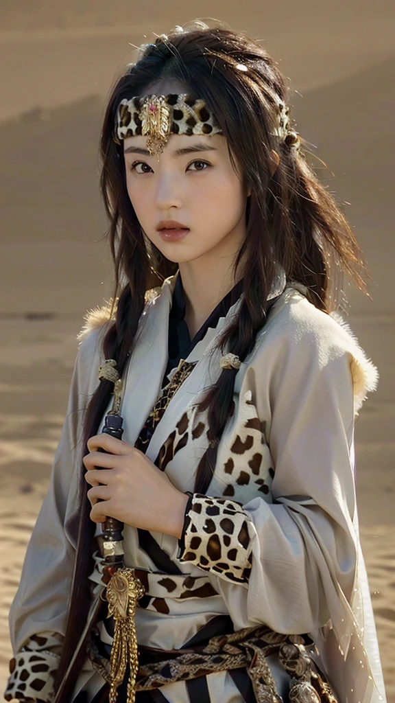 1girl,shangguanyan,nvshenlong,Chinese woman,leopard print headdress,gold pendant,(solo:2),holding weapon,Desert background,Flying sword, (masterpiece:1.2), best quality, highres,extremely detailed CG,perfect lighting,8k wallpaper,photograph, photorealistic,, best quality , masterpiece, illustration, an extremely delicate and beautiful, extremely detailed ,CG,unity,8k wallpaper, Amazing, finely detail, masterpiece, best quality,official art,extremely detailed CG unity 8k wallpaper,absurdres, incredibly absurdres, huge filesize , ultra-detailed, highres, extremely detailed,beautiful detailed girl, extremely detailed eyes and face, beautiful detailed eyes,light on face,