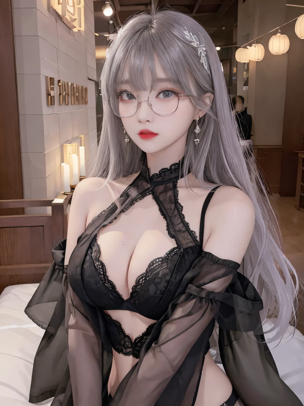Top image quality、Raw photography、A high resolution、20-year-old cool Korean、big round chest、thin silk jacket、black lace underwear、Beautiful Eyes of Details、very elongated eyes、Beautiful eyelashes、Beautiful double eyelids、eyeshadows,long legs,medium thighs, wearing Glasses、beautiful eyes finely detailed、elongated eyes、long eyeslashes、Beautiful double eyelids、eyeshadows、earrings、shiny white skin、