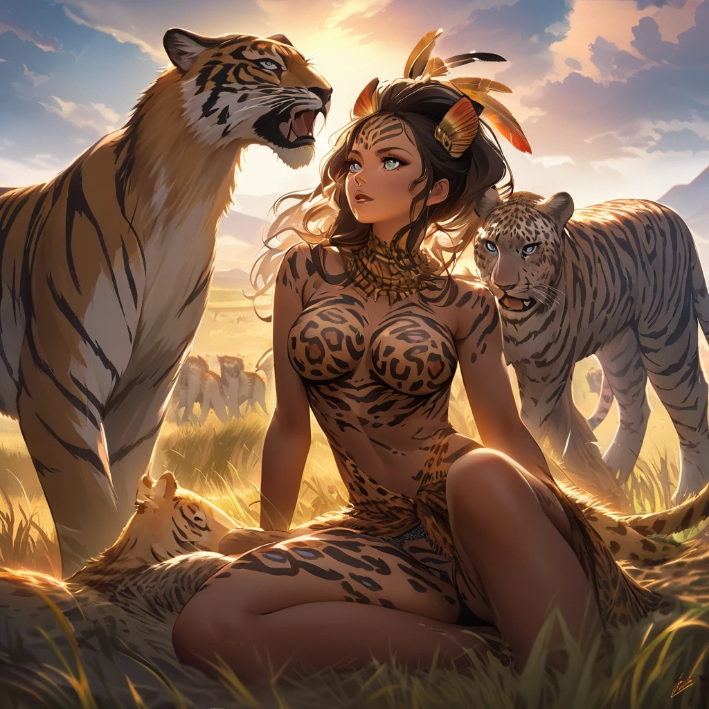 (sexy nubile women,african wildlife,day on the plains),beautiful detailed eyes,beautiful detailed lips,extremely detailed eyes and face,longeyelashes,[wild style:0.9],[vivid colors],[photorealistic:1.37],[best quality,4k,8k,highres,masterpiece:1.2],[concept artists],roaring lions in the background,leopard spots on one woman as her body paint,tiger stripes on another woman as her body paint,eagle feathers in the hair of one woman as an accessory,tropical flowers woven into another woman's hair as an accessory,[sunlight:0.9],[golden hour lighting],[natural elements],[lush grasslands],[stunning landscapes],[dynamic poses],each woman in unique African animal-inspired attire,[traditional African patterns],[distinctive animal features],[animalistic grace],safari-themed surroundings,blend of femininity and wildlife strength,[strong and independent],captivating and empowering,[elegant movement],[mysterious atmosphere],[ethereal beauty],[freedom and wilderness],[harmony with nature]