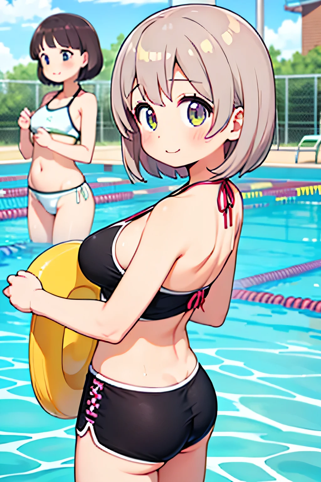 highest quality、High resolution、Detailed Background、(Beautiful face in every detail:1.4)、Anatomically correct、(Draw the usual number of fingers:1.2)、(Detailed facial expressions)、(Detailed eyes:1.2)、(Detailed eyes:1.2)、Beautiful, smooth skin、age beauty、(Highly detailed face:1.4)、cute hair color、Bobcut、braided long、Wavy Hairstyle、Cute hairstyle、well-groomed eyebrows、Perfect body line、Water Park、In a joking manner、My whole body is wet、My hair is wet too、Cowboy Shot、
(Two beautiful girls swimming with big smiles:1.5)、
The high-neck bikini top is stylish yet provides ample coverage.、The zipper and lace-up on the chest are accents、
A bikini top and bottom are both fully covered, minimizing the amount of skin exposed.、Sports bra-like designs are especially popular.、
Boyshorts are a comfortable option for exercising while still keeping your bottoms covered.、
The tankini is a long top that covers the stomach area and has a cute design.、
Rash guards cover the entire body, minimizing skin exposure while also providing UV protection.、
Pairing it with high-waisted shorts will accentuate your beautiful waistline while still providing a sense of security.、
A long-sleeved one-piece swimsuit gives you a stylish look while still covering your arms and back.、It beautifully accentuates your body line while also providing effective protection from the sun.、
The Water Park has a large pool and water slides.、It is an entertainment facility with a wave pool and other facilities.、It is popular as a summer leisure activity, with plenty of slides and pool attractions.、cute