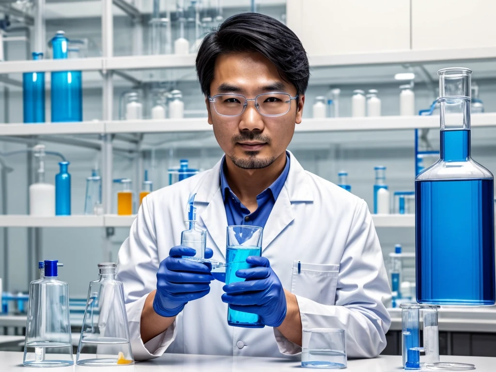 asian man in a lab coat holding a flask filled with blue liquid, handling laboratory equipment, holding flask in hand, in a lab, chemisty, scientific research, experiment in laboratory, chemical substances, in a laboratory, in laboratory, abstraction chemicals, stood in a lab, in the background, reagents, laboratory in the background, medical laboratory