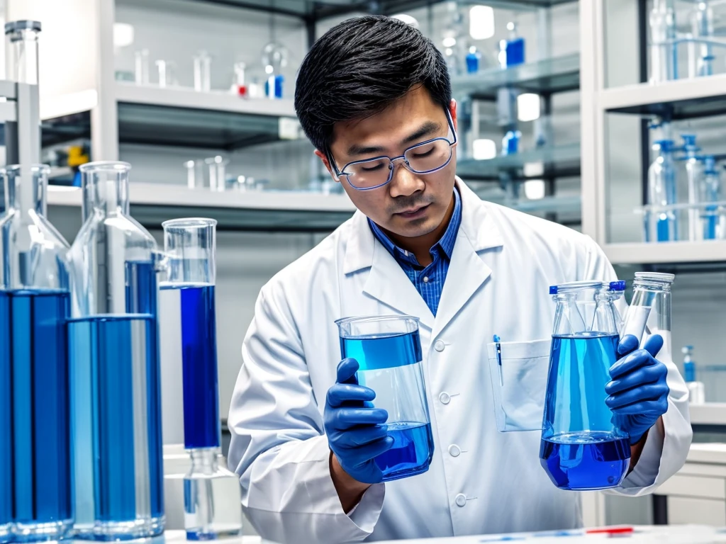 An indonesian man chemist, standing in the picture, doing chemistry procedures, chemical test laboratory, chemical analysis