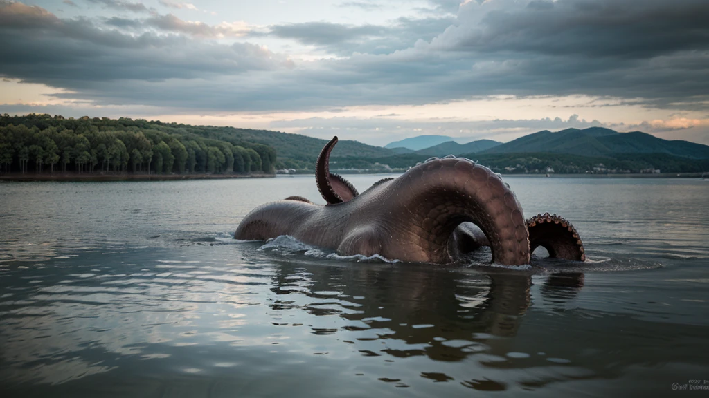 A giant octopus kraken monster on the water surface. Calm lake mirror like surface, day time, gray sky