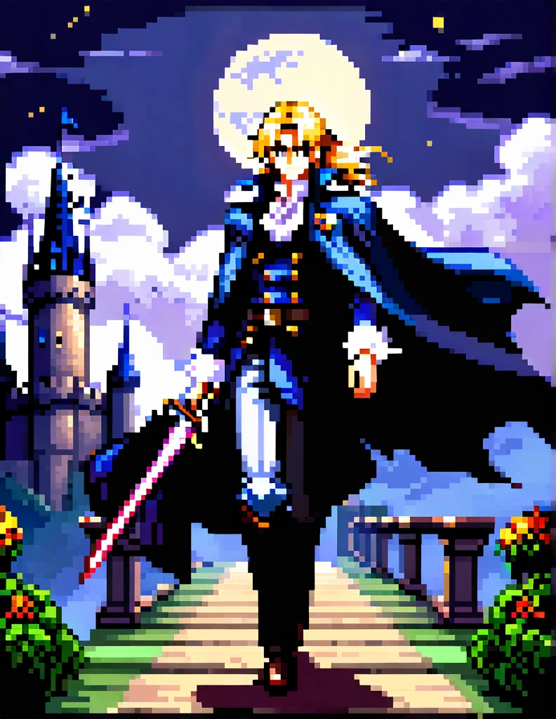 Create a sprite sheet for character animations that includes frames for movement, running, jumping, sword attack, spear attack, and bow attack.

/imagine prompt:
color photo of a physically young man with long blond hair. His most recurring attire is from Castlevania: Symphony of the Night. He wears a black jacket with four square brooches running down the side seams, held together vertically. A belt cinches his waist, and a large white cravat adorns his neck. Over the jacket, he dons a long overcoat with a decorative pattern. His cape, reminiscent of Bela Lugosi's, flows gracefully behind him. In his hand, he holds a Sword, a cherished family heirloom. The scene is set in a dark, gothic environment, with towering castle spires and moonlit skies. The mood is mysterious and somber, with an air of enchantment. The camera captures the young man in a full-length, front view and side view, showcasing his charismatic presence. The image is captured with an RPG Maker aesthetic, in a pixel art style. The resolution is 32x32 pixels, with a limited color palette of 8 colors. The animation depicts the young man walking to the right, with 4 different poses representing different stages of the movement. The animation is smooth and seamless, capturing the fluidity and naturalness of his stride. The final image is exported in a suitable format for use in RPG Maker, ready to be implemented into a captivating platform game. The overall artistic style of the image is Bishōnen, highlighting the character's beauty and elegance. 

—c 10 —ar 2:3