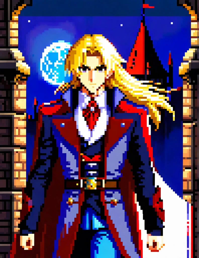 Create a sprite sheet for character animations that includes frames for movement, running, jumping, sword attack, spear attack, and bow attack.

/imagine prompt:
color photo of a physically young man with long blond hair. His most recurring attire is from Castlevania: Symphony of the Night. He wears a black jacket with four square brooches running down the side seams, held together vertically. A belt cinches his waist, and a large white cravat adorns his neck. Over the jacket, he dons a long overcoat with a decorative pattern. His cape, reminiscent of Bela Lugosi's, flows gracefully behind him. In his hand, he holds a Sword, a cherished family heirloom. The scene is set in a dark, gothic environment, with towering castle spires and moonlit skies. The mood is mysterious and somber, with an air of enchantment. The camera captures the young man in a full-length, front view and side view, showcasing his charismatic presence. The image is captured with an RPG Maker aesthetic, in a pixel art style. The resolution is 32x32 pixels, with a limited color palette of 8 colors. The animation depicts the young man walking to the right, with 4 different poses representing different stages of the movement. The animation is smooth and seamless, capturing the fluidity and naturalness of his stride. The final image is exported in a suitable format for use in RPG Maker, ready to be implemented into a captivating platform game. The overall artistic style of the image is Bishōnen, highlighting the character's beauty and elegance. 

—c 10 —ar 2:3