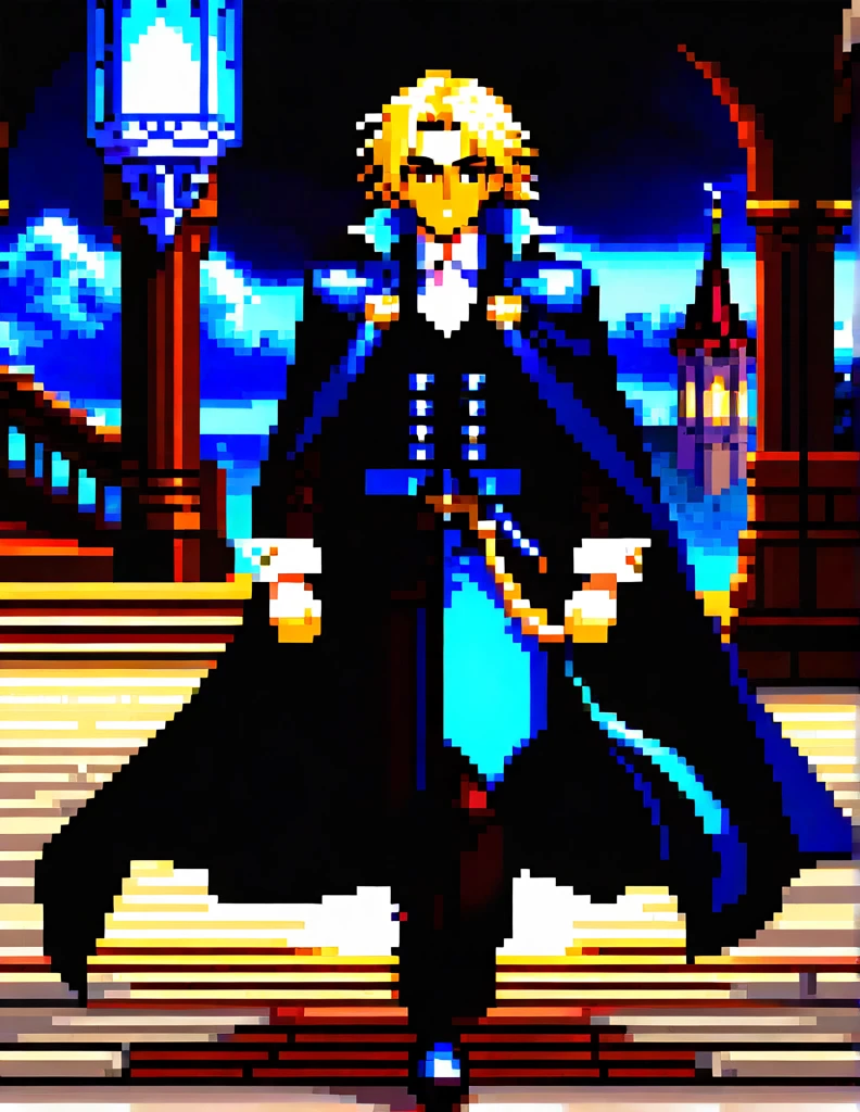 Create a sprite sheet for character animations that includes frames for movement, running, jumping, sword attack, spear attack, and bow attack.

/imagine prompt:
color photo of a physically young man with long blond hair. His most recurring attire is from Castlevania: Symphony of the Night. He wears a black jacket with four square brooches running down the side seams, held together vertically. A belt cinches his waist, and a large white cravat adorns his neck. Over the jacket, he dons a long overcoat with a decorative pattern. His cape, reminiscent of Bela Lugosi's, flows gracefully behind him. In his hand, he holds a Sword, a cherished family heirloom. The scene is set in a dark, gothic environment, with towering castle spires and moonlit skies. The mood is mysterious and somber, with an air of enchantment. The camera captures the young man in a full-length, front view and side view, showcasing his charismatic presence. The image is captured with an RPG Maker aesthetic, in a pixel art style. The resolution is 32x32 pixels, with a limited color palette of 8 colors. The animation depicts the young man walking to the right, with 4 different poses representing different stages of the movement. The animation is smooth and seamless, capturing the fluidity and naturalness of his stride. The final image is exported in a suitable format for use in RPG Maker, ready to be implemented into a captivating platform game. The overall artistic style of the image is Bishōnen, highlighting the character's beauty and elegance. 

—c 10 —ar 2:3