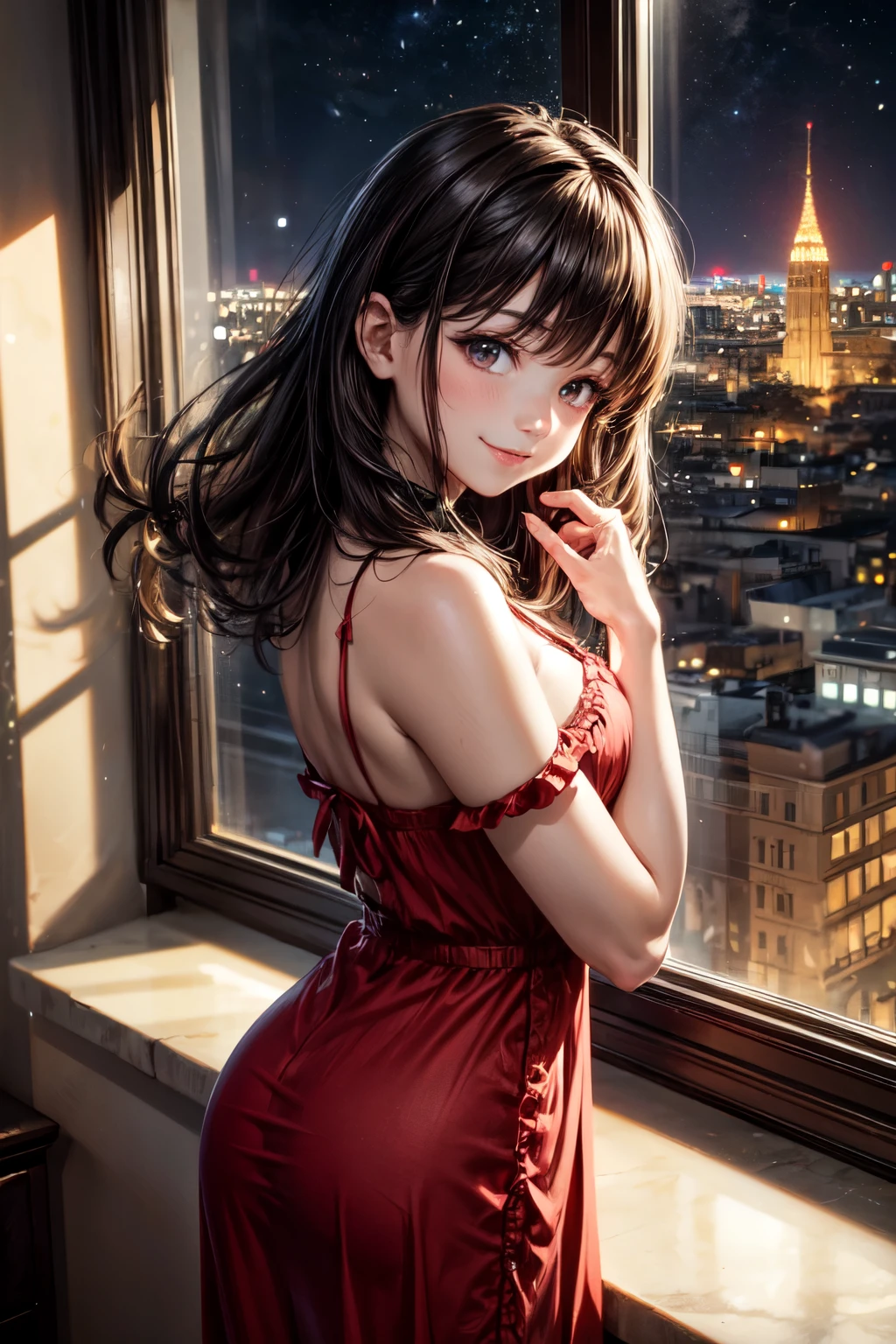 very cute and beautiful girl,(highly detailed beautiful face),
standing,cowboy shot,(glamorous frilled red nightgown),looking at viewer,(smile),black hair,
antique hotel bedroom at night,window,night city overview,
(best quality,masterpiece),absurdres,highres,ultra-detailed,extremely detailed,32k,8k resolution,
intricate details,cinematic scene,detailed background,solo,dynamic angle,perfect hands,