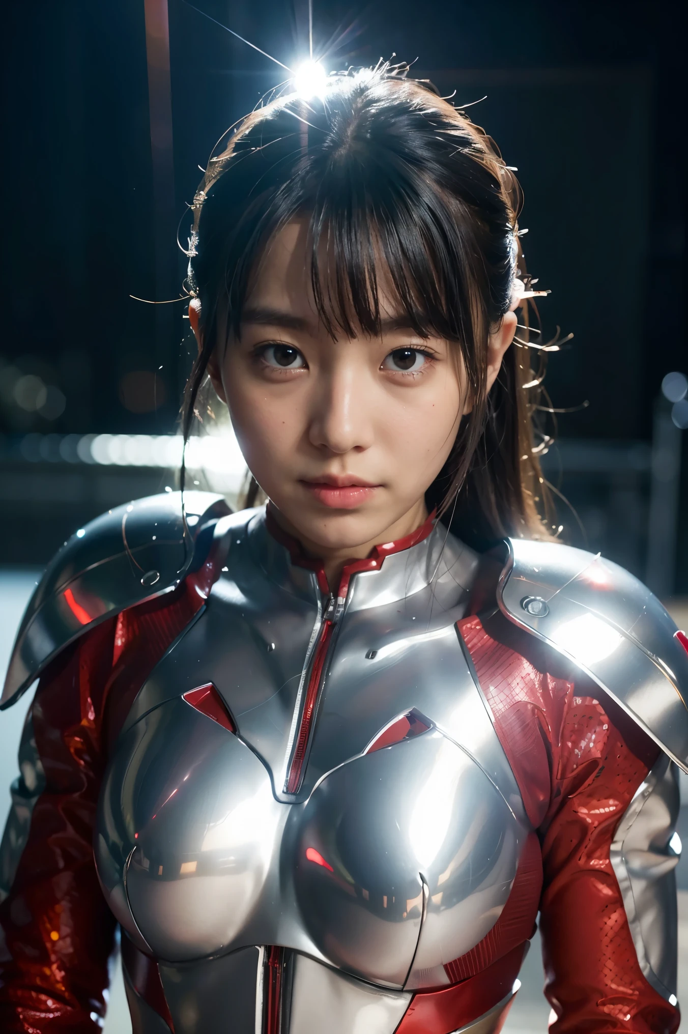 Ultraman、realistic、realistic、cinematic lighting, Girl in a shiny red and silver suit、、professional photos、Don'Do not expose your skin, japanese model, japanese cgi、Ultraman Suit、, Power Rangers Suit、tight and thin cyber suit,Whole body rubbery、There's pink There、 delicate body, big breasts、small ass、thin thighs、thin arms、thin waist、camel toe、Both sides of the cyber suit stick to the skin、Big eyes、black short hair、facing the front、facing the front立っている、A glowing sphere is embedded in the chest.、Essay Examination、 blue sky background