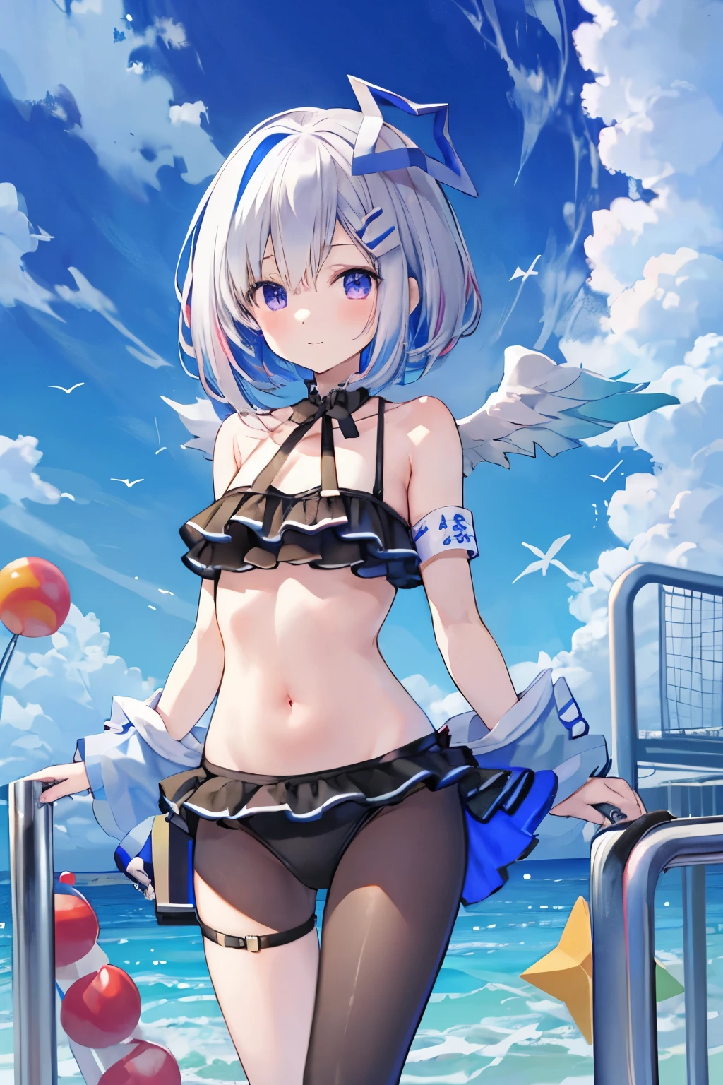 super high quality,Amane Kanata,Black Swimsuit。お腹の前で✌️。,Slender body,Small breasts,whole body。short hair,About play equipment,High Heel Black Tights。
