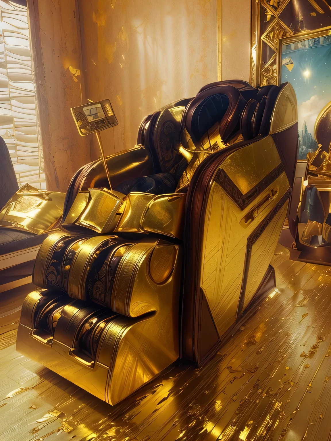 Gold Foil Art, indoor, by Cyril Rolando, (masterpiece, best quality, Professional, perfect composition, very aesthetic, absurdres, ultra-detailed, intricate details:1.3)