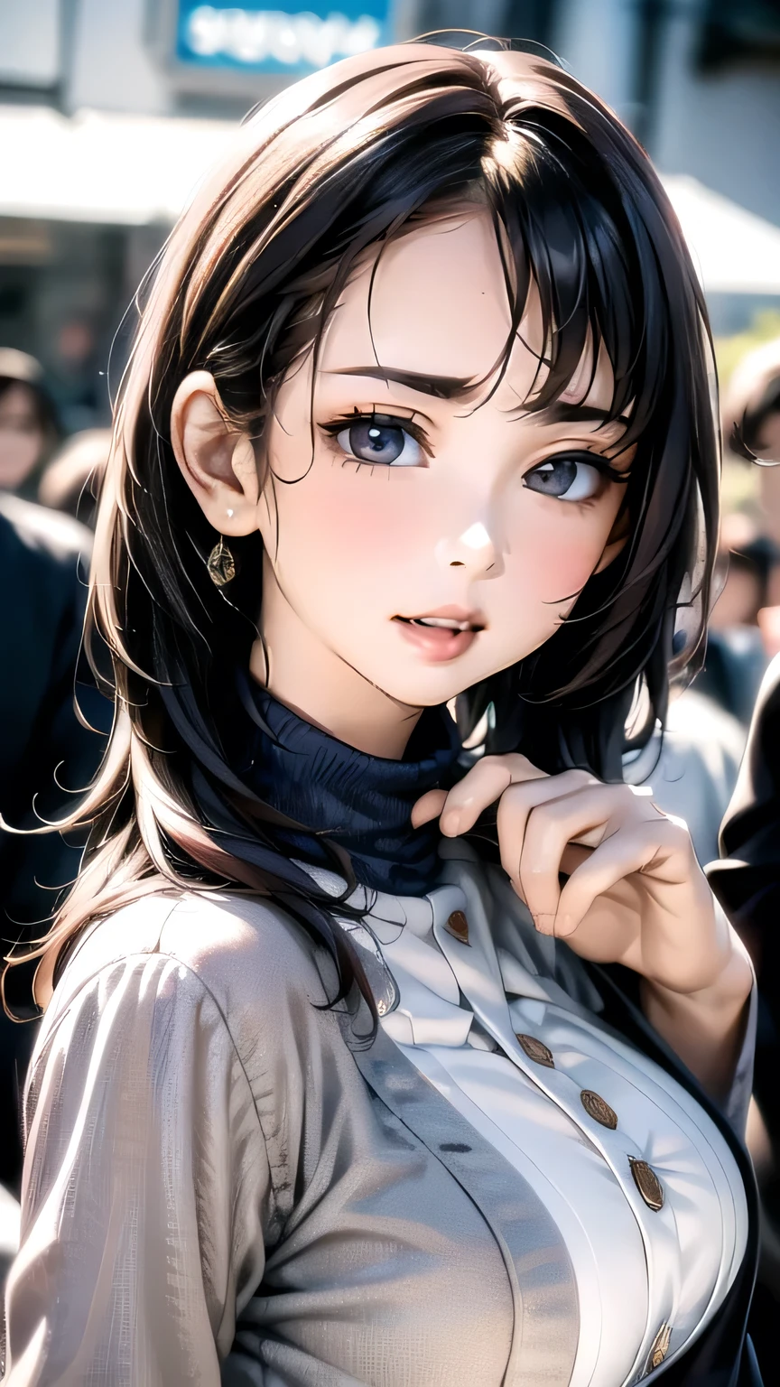 (Random Location), (Movie-like scene,Best image quality,(8k), Ultra-realistic, 最high quality, high quality, High resolution, high quality texture, Attention to detail, beautiful, detailed, Extremely detailed CG, Detailed texture, Realistic facial expressions, masterpiece, in front, dynamic, bold), ((round face:1.4)), (bangs:1.3), (Casual Fashion)