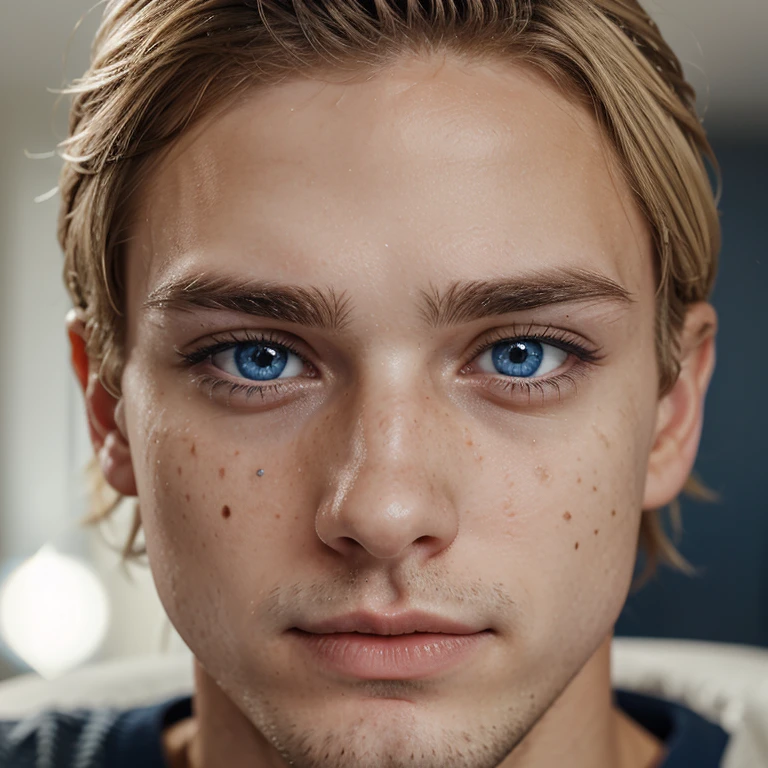 blue eyes of a 23-year-old boy with freckles on his nose and blonde eyelashes and eyebrows