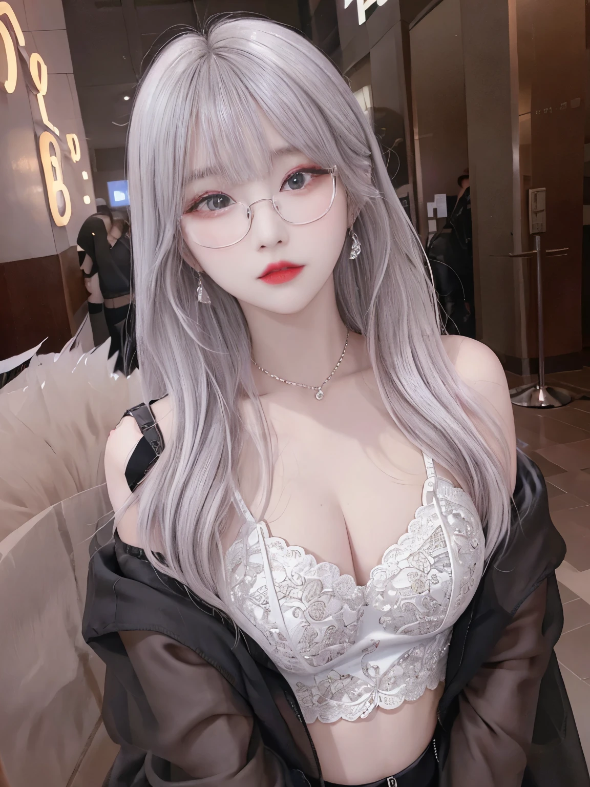 Top image quality、Raw photography、A high resolution、20-year-old cool Korean、big round chest、thin silk jacket、black lace underwear、Beautiful Eyes of Details、very elongated eyes、Beautiful eyelashes、Beautiful double eyelids、eyeshadows,long legs,medium thighs, wearing Glasses、beautiful eyes finely detailed、elongated eyes、long eyeslashes、Beautiful double eyelids、eyeshadows、earrings、shiny white skin、