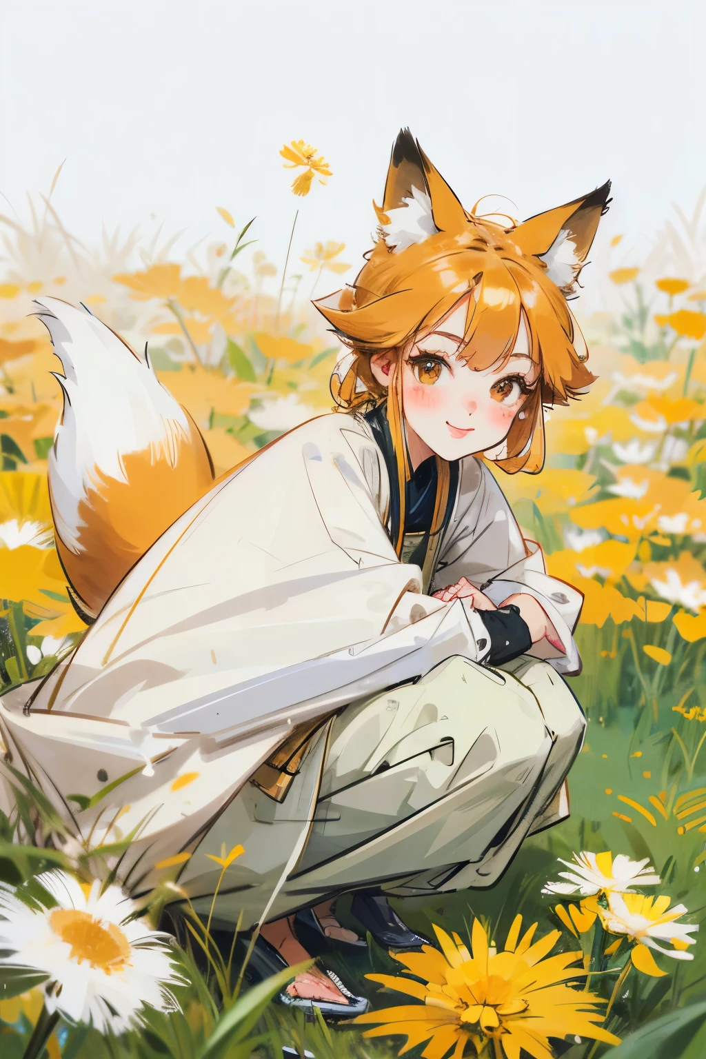 A fox-human girl surrounded by countless dandelion fluff, stylish clothes, cute clothes, squatting, smiling, blushing, looking at the viewer, a fox's big tail