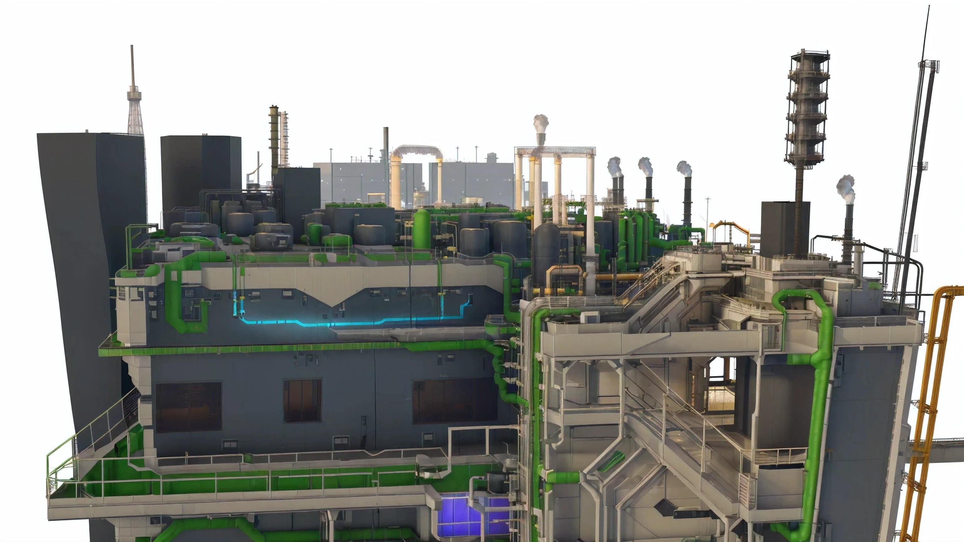 a close up of a computer generated image of a building, industrial plant environment, detailed photo of virtual world, high resolution details, highly detailed model, chemical plant, detailed screenshot, modeled, digital model, detailed model, a digital rendering, detailed and complex environment, detailed high resolution, detailed scene, high resolution and detail, complex detailed environment, conceptual