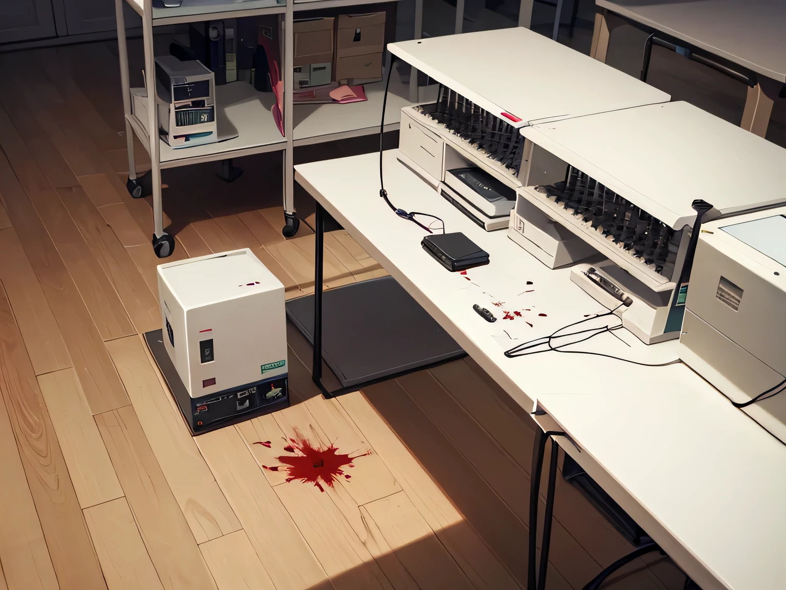 There is a table in the middle of the empty hall,There is a blood test instrument on the table.,Like a microscope,