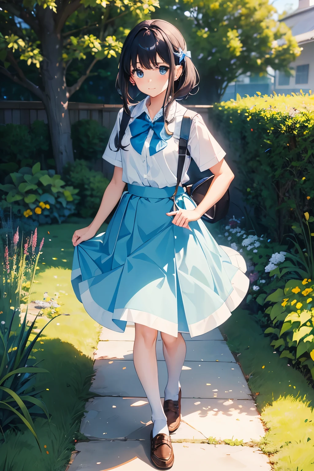 beautiful girl　 Wearing a uniform, Light blue skirt, Long skirt, small bow, small bow, garden, nature, nature garden, anime, anime movie