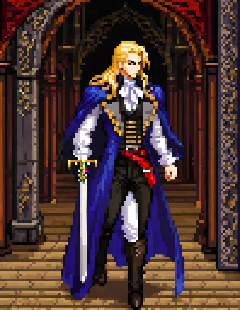 Prompt: 

Create a sprite sheet for character animations that includes frames for movement, running, jumping, sword attack, spear attack, and bow attack.

Generate an image, of a physically young man with long blond hair. His most recurring attire is from Castlevania: Symphony of the Night, which, according to the game's setting, consists of 18th-century-style clothing. He wears a black jacket with side seams held together by four square brooches running vertically down, along with a belt. Around his neck, he wears a large white cravat. Over the jacket, he dons a long overcoat with a decorative pattern.

In addition to his clothing, he also wears a cape resembling that of Bela Lugosi. The weapon he commonly wields is the Sword, a family heirloom from his mother.

Create the image in a Bishōnen artistic style.