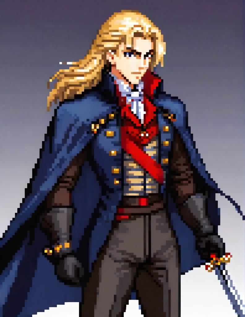 Prompt: 

Create a sprite sheet for character animations that includes frames for movement, running, jumping, sword attack, spear attack, and bow attack.

Generate an image, of a physically young man with long blond hair. His most recurring attire is from Castlevania: Symphony of the Night, which, according to the game's setting, consists of 18th-century-style clothing. He wears a black jacket with side seams held together by four square brooches running vertically down, along with a belt. Around his neck, he wears a large white cravat. Over the jacket, he dons a long overcoat with a decorative pattern.

In addition to his clothing, he also wears a cape resembling that of Bela Lugosi. The weapon he commonly wields is the Sword, a family heirloom from his mother.

Create the image in a Bishōnen artistic style.