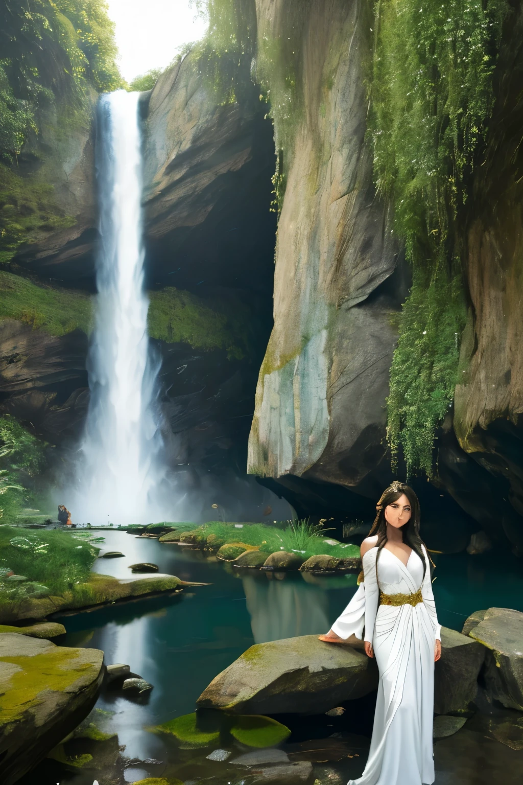 Full-body portrait, aspect ratio 1:1, Masterpiece 1.3:
A stunning 30-year-old Indian Woman stands boldly at the edge of a tranquil river, her long black hair cascading in soft waves, bangs framing her symmetrical and sharp face. In the background, a majestic waterfall roars to life, its crystal-clear waters reflecting the lush, emerald-green grass covering the ground below. The surrounding forest is teeming with vibrant life, with leaves of various shades of green glistening in the daylight and tendrils of mist floating in the crisp morning air.
This heavenly beauty is not