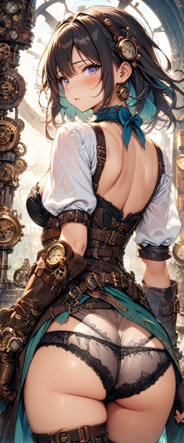 ((masterpiece, highest quality, Best image quality, High resolution)), ((High-definition CG synthesis 8K wallpaper)), steampunk、beautiful girl,(((See-through underwear)))、The subjects were/Her back view、Butt、 dream-like, Turn around and laugh,