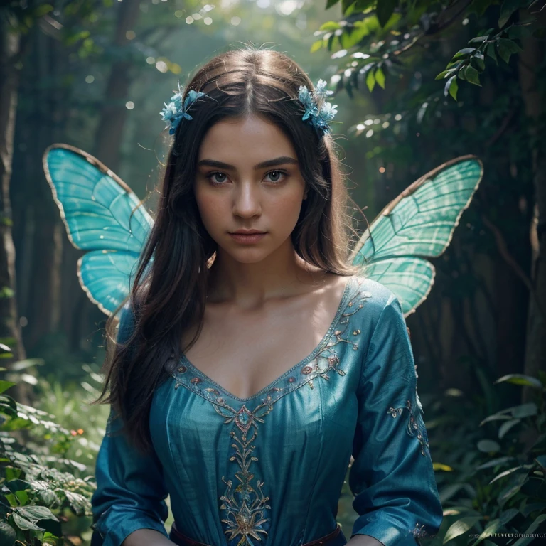 (((Masterpiece))), (((Best quality))), ((Ultra-detailed)),(Highly detailed CG illustration), ((An extremely delicate and beautiful)),Cinematic light, Create stunning fantasy artwork,Imitate the style of the currently popular genre masters. The artwork should contain elements of mythological fantasy and fairy tale fantasy,And with a colorful accent. ((Various shades of blue and watercolor pastels are used as the main color scheme.)) The character in the work is a delicate but strong character,Exudes an aura of mystery and magic. Pay close attention to intricate facial features, For example, captivating eyes with bright colors and bold shadows. The character's clothes should be designed with gossamer feathers, Silk, Amazing embroidery, and subtle iridescent details. Blend in dreamy colors, Dynamic lighting, and detailed background elements,Create a sense of awe and immersion. These include colorful flying magical birds and jewel-hued butterflies that exude magical halos. Consider the latest trends in fantasy art, such as incorporating unique lighting effects, Explore dynamic and compelling compositional techniques, And try a unique color palette. Take inspiration from top artists on ArtStation and Midjourney. camera: Choose an angle that highlights the beauty of the characters and enhances the magical majesty of the artwork. lighting: Create depth and atmosphere with atmospheric lighting technology. Resolution: Aim for high-resolution artwork,to showcase intricate detail and clarity. Artistic inspiration: Get inspiration from popular artists on ArtStation, Explore different styles, genre, and the theme.