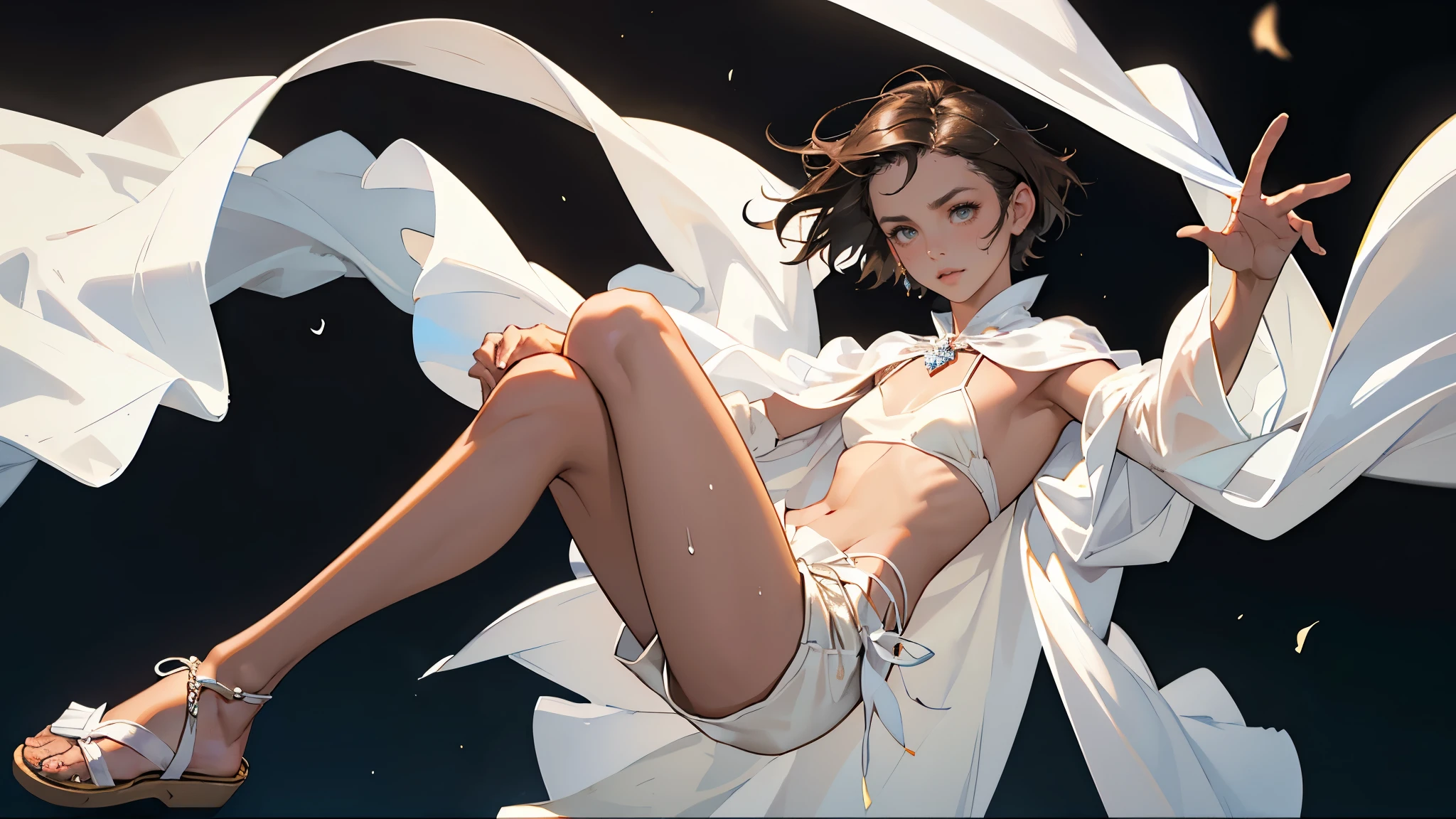 masterpiece, ultra detailed, 8k portrait, RAW photo, girl's portrait photography, highly detailed face, beautiful and meticulous eyes, ((Fantasy)), young beautiful, , princess, Tight eyes, dynamic pose, (((dark brown Very short haircut))), (((Brown skin color))), Luxury, ((white separate bikini and long loincloth)), (((shorts))), (((transparent white silk long cape))) fluttering in the wind, (((sandal))), wearing lot of many accessory, neckline, Midday Sun, hyper realistic, sweaty, athletic body, beautiful real sculptural body, (((flat chest))), Long legs, in the desert, Ambient lighting, Shadow details , Camera focus on thigh, strong breeze, Light fog
