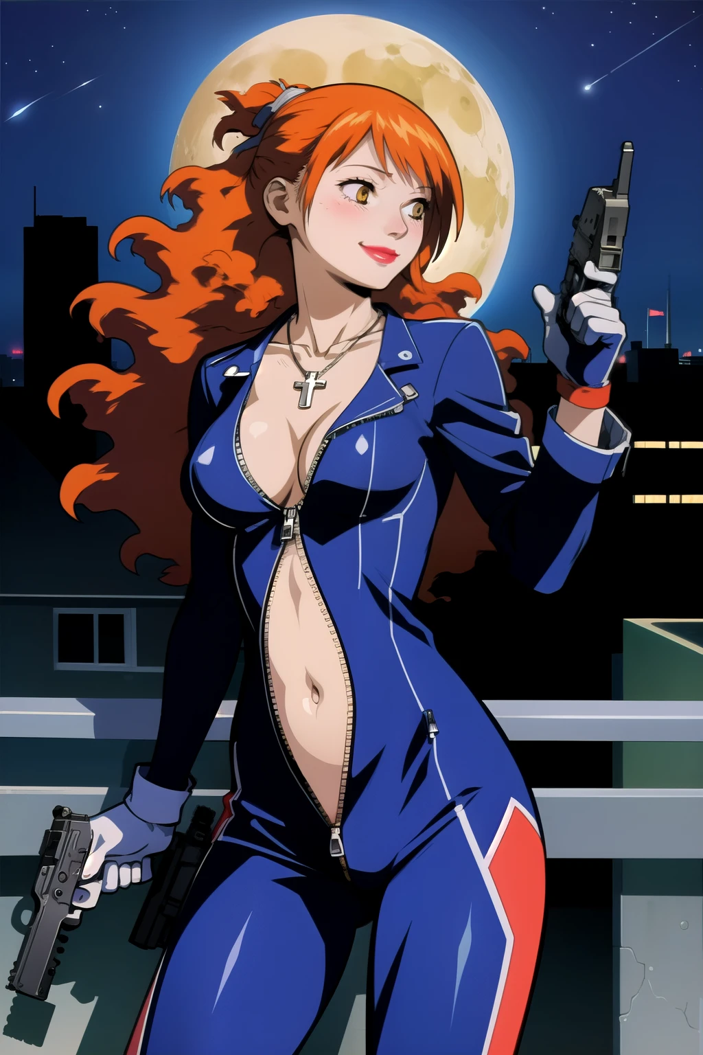 momomi, medium breast, 
masterpiece, best quality, highly detailed, cross necklace, bodysuit, unzip zipper, navel cutout, exposed
navel, exposed bellybutton, , cleavage, long sleeves, black gloves, smile, ,, holding a gun, handgun,
pistol, , outdoors, rooftop, cityscape, building, railing, night, night sky, scenery, moon, city lights, blush,
lipstick